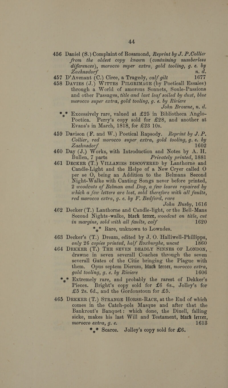 456 Daniel (S.) Complaint of Rosamond, Reprint by J. P.Collier Jrom the oldest copy known (containing numberless differences), morocco super extra, gold tooling, g.e. by Zaehnsdorf n. d. 457 D’Avenant (C.) Circe, a Tragedy, calf gilt 1677 458 Davies (J.) WITTES PILGRIMAGE (by Poeticall Essaies) through a World of amorous Sonnets, Soule-Passions and other Passages, title and last leaf soiled by dust, blue morocco super extra, gold tooling, g. e. by Riviere John Browne, n. d. *,* Excessively rare, valued at £25 in Bibliotheca Anglo- Poetica. Perry’s copy sold for £28, and another at Evans’s in March, 1818, for £23 10s. 459 Davison (F. and W.) Poetical Rapsody. Reprint by J.P. Collier, red morocco super extra, gold tooling, g. e. by Zaehnsdorf 1602 460 Day (J.) Works, with Introduction and Notes by A. H. Bullen, 7 parts Privately printed, 1881 461 DECKER (T.) VILLANIES DISCOVERED by Lanthorne and Candle-Light and the Helpe of a New Cryer called O per se O, being an Addition to the Belmans Second Night-Walke with Canting Songs never before printed, 2 woodcuts of Belman and Dog, a few leaves repaired by which a few letters are lost, sold therefore with all faults, red morocco extra, g. ¢. by F’, Bedford, rare John Busby, 1616 462 Decker (T.) Lanthorne and Candle-light, or the Bell-Mans Second Nights-walke, black fetter, woodcut on title, cut in margins, sold with all faults, calf 1620 *,* Rare, unknown to Lowndes. 463 Decker’s (T.) Dream, edited by J. O. Halliwell-Phillipps, only 26 copies printed, half Roxburghe, uncut 1860 464 DEKKER (T.) THE SEVEN DEADLY SINNES OF LONDON, drawne in seven severall Coaches through the seven severall Gates of the Citie bringing the Plague with them. Opus septem Dierum, biack fetter, morocco extra, gold tooling, g. e. by Riviere 1606 *,.* Extremely rare, and probably the rarest of Dekker’s Pieces. Bright’s copy sold for £6 6s., Jolley’s for £5 2s. 6d., and the Gordonstoun for £5. 465 DEKKER (T.) STRANGE HORSE-RACE, at the End of which comes in the Catch-pols Masque and after that the Bankrout’s Banquet: which done, the Diuell, falling sicke, makes his last Will and Testament, black letter, morocco extra, g. é. 1613 *.* Scarce. Jolley’s copy sold for £6.