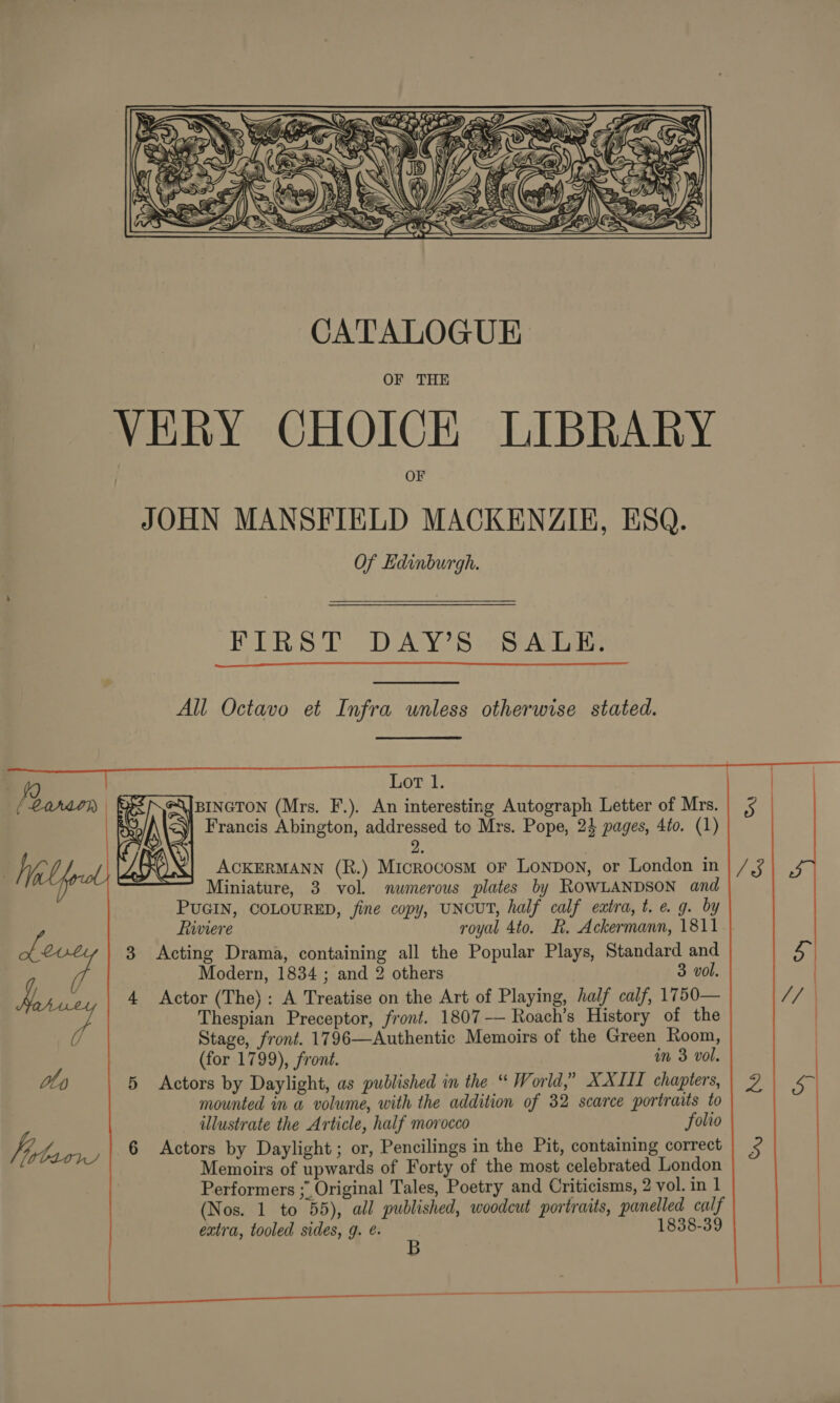    OF THE JOHN MANSFIELD MACKENZIE, ESQ. Of Edinburgh. FIRST DAY’S SALE.  All Octavo et Infra unless otherwise stated. Lot 1. / Francis Abington, addressed to Mrs. Pope, 24 pages, 4to. (1) 2  CK \ ACKERMANN (R.) Microcosm or Lonpon, or London in Miniature, 3 vol. numerous plates by ROWLANDSON and PUGIN, COLOURED, fine copy, UNCUT, half calf eatra, t. e.g. by Liwiere royal 4to. R. Ackermann, 1811 Acting Drama, containing all the Popular Plays, Standard and Modern, 1834 ; and 2 others 3 vol. Actor (The) : A Treatise on the Art of Playing, half calf, 1750— Thespian Preceptor, front. 1807—— Roach’s History of the Stage, front. 1796—Authentic Memoirs of the Green Room, (for 1799), front. in 3 vol. Actors by Daylight, as published in the “ World,” XXIII chapters, mounted in a volume, with the addition of 32 scarce portraits to illustrate the Article, half morocco folio Actors by Daylight; or, Pencilings in the Pit, containing correct Memoirs of upwards of Forty of the most celebrated London Performers ; Original Tales, Poetry and Criticisms, 2 vol. in 1 (Nos. 1 to 55), all published, woodcut portraits, panelled calf extra, tooled sides, g. é. ' 1838-39 / 3 os // eae oe 