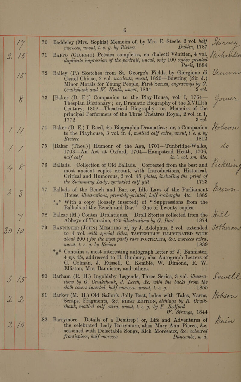 morocco, uncut, t. e. g. by Riviere Dublin, 1787 VAAL 71 Barro (Grorero) Poésies completes, en dialecti Vénitien, 4 vol. fre | duplicate impression of the portrait, uncut, only 100 copies printed | Paris, 1884 van 72 Bailey (P.) Sketches from St. George’s Fields, by Giorgione di hurmar | | Castel Chiuso, 2 vol. woodcuts, uncut, 1820—Bowring (Sir J.) Baddeley (Mrs. Sophia) Memoirs of, by Mrs. E. Steele, 3 vol. half oe Minor Morals for Young People, First Series, engravings by G. | Cruikshank and W. Heath, uncut, 1834 2 vol. 73 [Baker (D. E.)] Companion to the Play-House, vol. I, 1764— IOV 5 | Thespian Dictionary ; or, Dramatic Biography of the XVIIIth Century, 1802—Theatrical Biography: or, Memoirs of the principal Performers of the Three Theatres Royal, 2 vol. in 1, 1772 3 vol. TT 74 Baker (D. E.) I. Reed, &amp;c. Biographia Dramatica ; or, a Companion Vitec to the Playhouse, 3 vol. in 4, mottled calf extra, uncut, t. e. g. by Mi fiwiere 1812 le / 75 [Baker (Thos.)] Humour of the Age, 1701--Tunbridge-Walks, clo 1703—An Act at Oxford, 1704—Hampstead Heath, 1706, half calf im 1 vol. sm. 4to. L &amp; 76 Ballads. Collection of Old Ballads. Corrected from the best and Os ChAT most ancient copies extant, with Introductions, Historical, 7 Critical and Humorous, 3 vol. 45 plates, including the print of the Swimming Lady, sprinkled calf gilt 1723 3 77 Ballads of the Bench and Bar, or, Idle Lays of the Parliament’ Vere | 5 | House, illustrations, privately printed, half roxburghe 4to. 1882 *,* With a copy (loosely inserted) of ‘“Suppressions from the Ballads of the Bench and Bar.” One of Twenty copies. of 78 Balzac (M.) Contes Drolatiques. Droll Stories collected from the Nt ie Abbeys of Touraine, 425 dlustrations by G. Doré 1874 8010) 79 BANNISTER (JOHN) Memoirs of, by J. Adolphus, 2 vol. extended Sathana to 4 vol. with special titles, TASTEFULLY ILLUSTRATED WITH about 200 ( for the most part) rare PORTRAITS, &amp;C. morocco extra, uncut, t. é. g- by Rwiere 1839 | | *,* Contains a most interesting autograph letter of J. Bannister, | | 4 pp. 4to, addressed to H. Bunbury, also Autograph Letters of | | G. Colman, J. Russell, C. Kemble, W. Dimond, R. W. | &amp; Elliston, Mrs. Bannister, and others. | ) m | / 5 80 Barham (R. H.) Ingoldsby Legends, Three Series, 3 vol. illustra- Sewtl kl, | | 2 tions by G. Cruikshank, J. Leech, dc. with the backs from the  cloth covers inserted, half morocco, wncut, t. ¢. g. 1855 | | 81 Barker (M. H.) Old Sailor’s Jolly Boat, laden with Tales, Yarns, ees es | we Scraps, Fragments, &amp;c. FIRST EDITION, etchings by R. Cruik- | | ~ shank, mottled calf extra, uncut, t. e.g. by F. Bedford | : W. Strange, 1844 | 82 Barrymore. Details of a Demirep! or, Life and Adventures of ye, eval ee) the celebrated Lady Barrymore, alias Mary Ann Pierce, &amp;c. | . seasoned with Delectable Songs, Rich Morceaux, &amp;c. coloured frontispiece, half morocco Duncombe, n. d. 