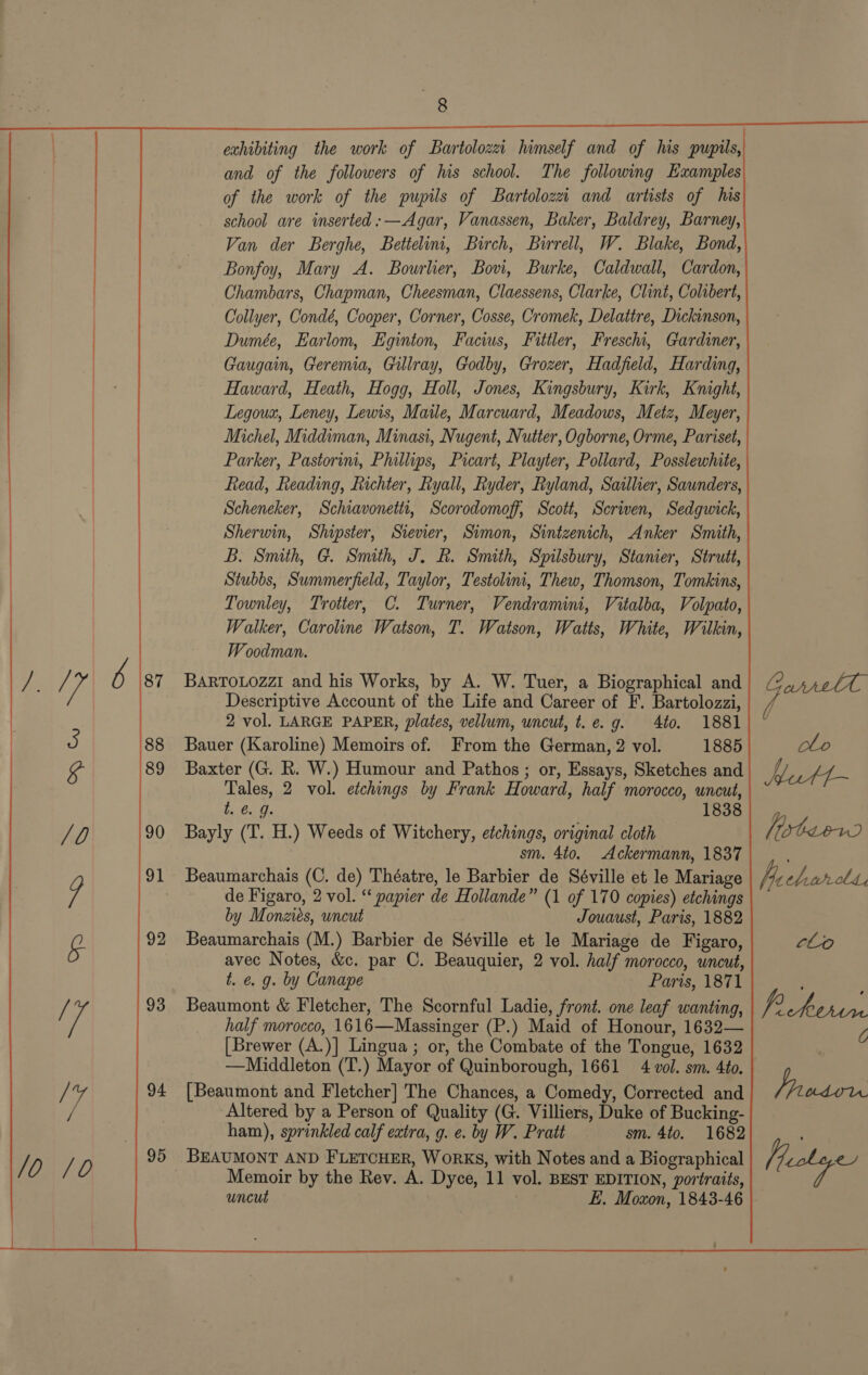  94 95 exhibiting the work of Bartolozzi himself and of his pupils, and of the followers of his school. The following Examples of the work of the pupils of Bartolozza and artists of his school are inserted :—Agar, Vanassen, Baker, Baldrey, Barney, Van der Berghe, Bettelini, Birch, Birrell, W. Blake, Bond, Bonfoy, Mary A. Bourler, Bovi, Burke, Caldwall, Cardon, Chambars, Chapman, Cheesman, Claessens, Clarke, Clint, Colibert, Collyer, Condé, Cooper, Corner, Cosse, Cromek, Delattre, Dickinson, Dumée, Earlom, Eginton, Facius, Fitiler, Freschi, Gardiner, Gaugain, Geremia, Gillray, Godby, Grozer, Hadfield, Harding, Haward, Heath, Hogg, Holl, Jones, Kingsbury, Kirk, Knight, Legoux, Leney, Lewis, Maile, Marcuard, Meadows, Metz, Meyer, Michel, Middiman, Minasi, Nugent, Nutter, Ogborne, Orme, Pariset, Parker, Pastorim, Phillips, Picart, Playter, Pollard, Posslewhite, Read, Reading, Richter, Ryall, Ryder, Ryland, Saillier, Saunders, Scheneker, Schiavonetit, Scorodomoff, Scott, Scriven, Sedgwick, Sherwin, Shipster, Sievier, Simon, Sintzenich, Anker Smith, B. Smith, G. Smith, J. Rh. Smith, Spilsbury, Stanier, Strutt, Stubbs, Summerfield, Taylor, Testolini, Thew, Thomson, Tomkins, Townley, Trotter, C. Turner, Vendramini, Vitalba, Volpato, Walker, Caroline Watson, T. Watson, Watis, White, Wilkin, Woodman. BARTOLOZZI and his Works, by A. W. Tuer, a Biographical and Descriptive Account of the Life and Career of F. Bartolozzi, 2 vol. LARGE PAPER, plates, vellum, uncut, t.e.g. 4to. 1881 Bauer (Karoline) Memoirs of. From the German, 2 vol. 1885 Baxter (G. R. W.) Humour and Pathos; or, Essays, Sketches and Tales, 2 vol. etchings by Frank Howard, half morocco, uncut, i 6. 1838 Bayly (T. H.) Weeds of Witchery, etchings, original cloth sm. 4to, Ackermann, 1837 Beaumarchais (C. de) Théatre, le Barbier de Séville et le Mariage de Figaro, 2 vol. ‘‘ papier de Hollande” (1 of 170 copies) etchings by Monziés, wncut Jouaust, Paris, 1882 Beaumarchais (M.) Barbier de Séville et le Mariage de Figaro, avec Notes, &amp;c. par C. Beauquier, 2 vol. half morocco, uncut, t. e. g. by Canape Paris, 1871 Beaumont &amp; Fletcher, The Scornful Ladie, front. one leaf wanting, half morocco, 1616—Massinger (P.) Maid of Honour, 1632— [Brewer (A.)] Lingua ; or, the Combate of the Tongue, 1632 [Beaumont and Fletcher] The Chances, a Comedy, Corrected and Altered by a Person of Quality (G. Villiers, Duke of Bucking- ham), sprinkled calf extra, g. e. by W. Pratt sm. 4to. 1682 BEAUMONT AND FLETCHER, WORKS, with Notes and a Biographical Memoir by the Rev. A. Dyce, 11 vol. BEST EDITION, portraits, uncut : E. Moxon, 1843-46  