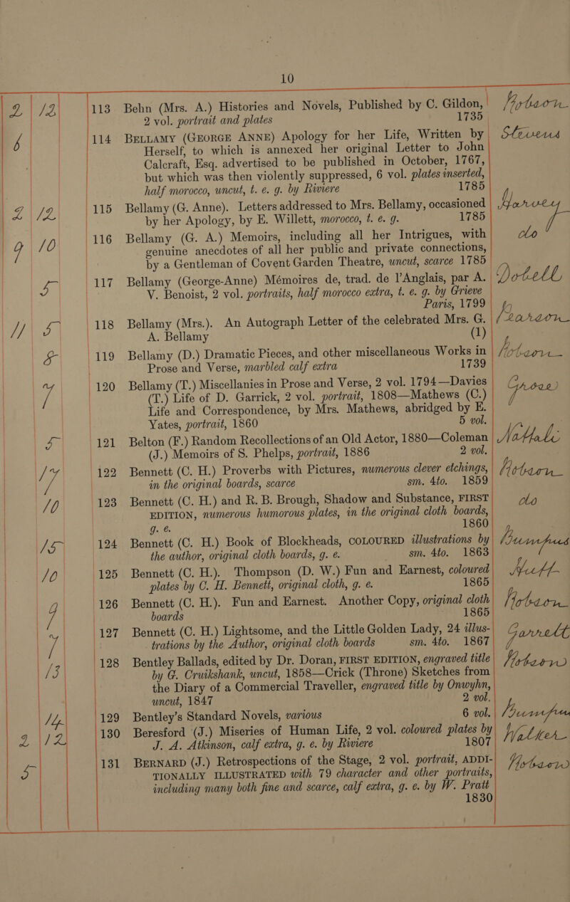     2 vol. portrait and plates BELLAMY (GEORGE ANNE) Apology for her Life, Written by Herself, to which is annexed her original Letter to John Calcraft, Esq. advertised to be published in October, 1767, but which was then violently suppressed, 6 vol. plates inserted, half morocco, wncut, t. e. g. by Rwiere 1785 Bellamy (G. Anne). Letters addressed to Mrs. Bellamy, occasioned by her Apology, by E. Willett, morocco, t. @. 9. 1785 Bellamy (G. A.) Memoirs, including all her Intrigues, with genuine anecdotes of all her public and private connections, by a Gentleman of Covent Garden Theatre, uncut, scarce 1785 V. Benoist, 2 vol. portraits, half morocco extra, t. ¢. g. by Grieve Paris, 1799 Bellamy (Mrs.). An Autograph Letter of the celebrated Mrs. G. A. Bellamy (1 Bellamy (D.) Dramatic Pieces, and other miscellaneous Works in Prose and Verse, marbled calf extra 1739 Bellamy (T.) Miscellanies in Prose and Verse, 2 vol. 1794—Davies (T.) Life of D. Garrick, 2 vol. portrait, 1808—Mathews (C.) Life and Correspondence, by Mrs. Mathews, abridged by E. Yates, portrait, 1860 | 5 vol. Belton (F.) Random Recollections of an Old Actor, 1880—Coleman (J.) Memoirs of S. Phelps, portrait, 1886 2 vol. Bennett (C. H.) Proverbs with Pictures, numerous clever etchings, in the original boards, scarce sm. 4to. 1859 Bennett (C. H.) and R. B. Brough, Shadow and Substance, FIRST EDITION, numerous humorous plates, in the original cloth boards, g. €. 1860 Bennett (C. H.) Book of Blockheads, COLOURED illustrations by the author, original cloth boards, g. ¢. sm. 4to. 1863 Bennett (C. H.). Thompson (D. W.) Fun and Earnest, coloured plates by C. H. Bennett, original cloth, g. e. 186 Bennett (C. H.). Fun and Earnest. Another Copy, original cloth 1865 boards Bennett (C. H.) Lightsome, and the Little Golden Lady, 24 alus- trations by the Author, original cloth boards sm. 4to. 1867 Bentley Ballads, edited by Dr. Doran, FIRST EDITION, engraved title by G. Cruikshank, uncut, 1858—Crick (Throne) Sketches from the Diary of a Commercial Traveller, engraved title by Onwyhn, uncut, 1847 2 vol. Bentley’s Standard Novels, various 6 vol. Beresford (J.) Miseries of Human Life, 2 vol. colowred plates by J. A. Atkinson, calf extra, g. e. by Riviere 1807 BERNARD (J.) Retrospections of the Stage, 2 vol. portraat, ADDI- TIONALLY ILLUSTRATED with 79 character and other portratts, including many both fine and scarce, calf extra, g. ¢. by W. Pratt 1830 Jiytoor   