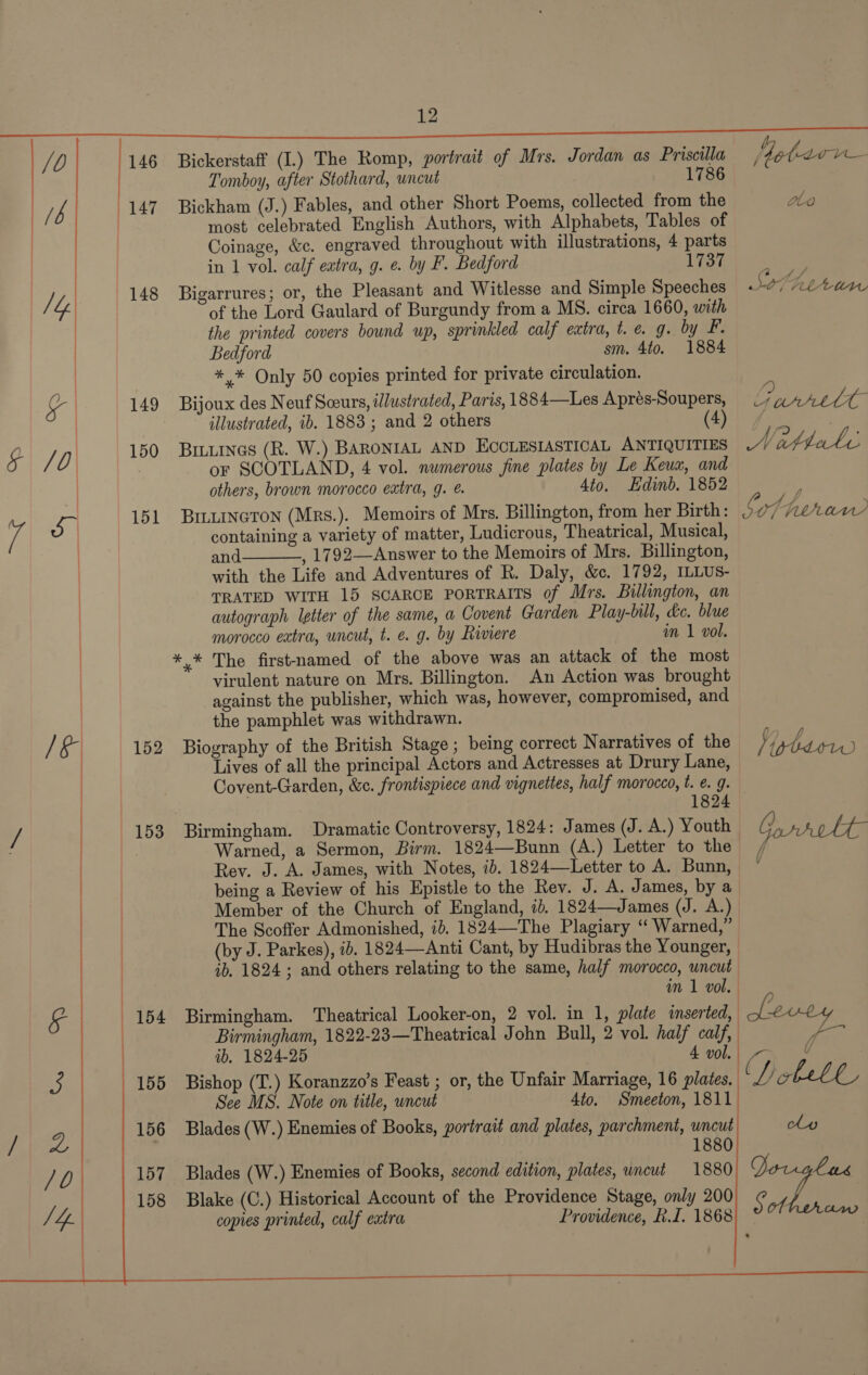 /0 146 Bickerstaff (I.) The Romp, portrait of Mrs. Jordan as Priscilla Tomboy, after Stothard, uncut 1786 | / 4 147 Bickham (J.) Fables, and other Short Poems, collected from the  most celebrated English Authors, with Alphabets, Tables of Coinage, &amp;c. engraved throughout with illustrations, 4 parts ) | in 1 vol. calf eatra, g. e. by F. Bedford 1737 | 148 Bigarrures; or, the Pleasant and Witlesse and Simple S eeches /L| S pie Sp va of the Lord Gaulard of Burgundy from a MS. circa 1660, with the printed covers bownd up, sprinkled calf extra, t. @ g. by F. | Bedford sm. 4to. 1884 | *,* Only 50 copies printed for private circulation. 149 Bijoux des Neuf Sceurs, illustrated, Paris, 1884—Les Aprés-Soupers, illustrated, ib. 1883 ; and 2 others (4) $1 /0 150 Bruurnes (R. W.) BARONIAL AND ECCLESIASTICAL ANTIQUITIES or SCOTLAND, 4 vol. numerous fine plates by Le Keuaw, and others, brown morocco extra, g. . 4to. Edinb. 1852 ca 151 Briwineron (Mrs.). Memoirs of Mrs. Billington, from her Birth: fe containing a variety of matter, Ludicrous, Theatrical, Musical, and , 1792—Answer to the Memoirs of Mrs. Billington, with the Life and Adventures of R. Daly, &amp;c. 1792, ILLUS- TRATED WITH 15 SCARCE PORTRAITS of Mrs. Billington, an autograph letter of the same, a Covent Garden Play-bill, dc. blue morocco extra, uncut, t. e. g. by Riviere in 1 vol. *,* The first-named of the above was an attack of the most virulent nature on Mrs. Billington. An Action was brought | against the publisher, which was, however, compromised, and the pamphlet was withdrawn. / ie | 152 Biography of the British Stage; being correct Narratives of the | Lives of all the principal Actors and Actresses at Drury Lane,  / | 153 Birmingham. Dramatic Controversy, 1824: James (J. A.) Youth Warned, a Sermon, Birm. 1824—Bunn (A.) Letter to the Rev. J. A. James, with Notes, ib. 1824—Letter to A. Bunn, being a Review of his Epistle to the Rev. J. A. James, by a Member of the Church of England, ib. 1824—James (J. A.) The Scoffer Admonished, id. 1824—The Plagiary “ Warned,” | (by J. Parkes), ib. 1824—Anti Cant, by Hudibras the Younger, | ib. 1824; and others relating to the same, half morocco, uncut im 1 vol. ; ne | 154 Birmingham. Theatrical Looker-on, 2 vol. in 1, plate inserted, | Birmingham, 1822-23—Theatrical John Bull, 2 vol. half calf, | ib. 1824-25 4 vol. Ls 155 Bishop (T.) Koranzzo’s Feast ; or, the Unfair Marriage, 16 plates. See MS. Note on title, uncut Ato. Smeeton, 1811 156 Blades (W.) Enemies of Books, portrait and plates, parchment, wneut /| &amp; | | 1880 J 0 157 Blades (W.) Enemies of Books, second edition, plates, uncut 1880 158 Blake (C.) Historical Account of the Providence Stage, only 200 ve bf copies printed, calf eatra Providence, h.I. 1868 Vickaee. ys haku 