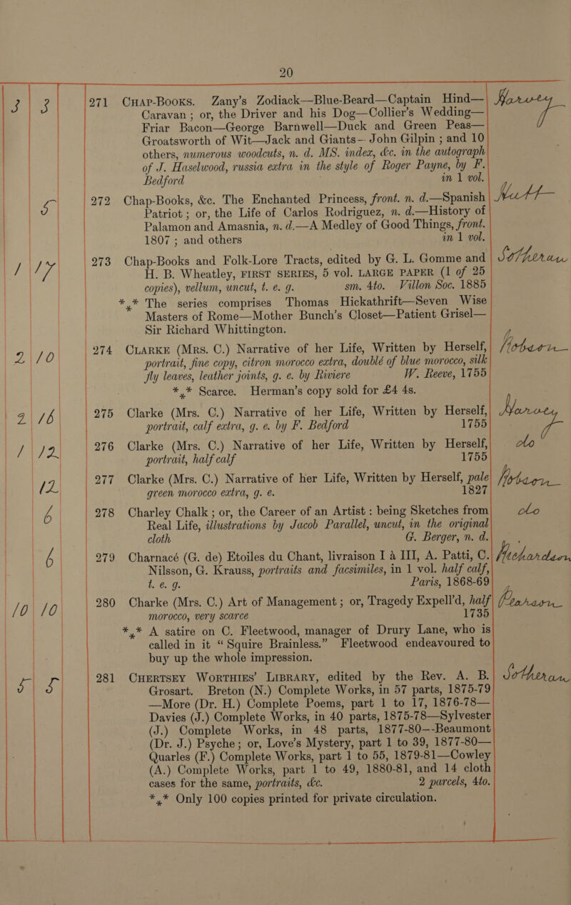                                                    271 279 280 281   Cuap-Booxs. Zany’s Zodiack—Blue-Beard—Captain Hind— Caravan ; or, the Driver and his Dog—Collier’s Wedding— Friar Bacon—George Barnwell—Duck and Green Peas— Groatsworth of Wit—Jack and Giants— John Gilpin ; and 10 others, numerous woodcuts, n. d. MS. index, dc. in the autograph of J. Haselwood, russia eatra in the style of Roger Payne, by F. Bedford wm 1 vol. Chap-Books, &amp;c. The Enchanted Princess, front. n. d,—Spanish Patriot ; or, the Life of Carlos Rodriguez, n. d.—History of Palamon and Amasnia, n. d.—A Medley of Good Things, front. 1807 ; and others im 1 vol. Chap-Books and Folk-Lore Tracts, edited by G. L. Gomme and H. B. Wheatley, FIRST SERIES, 5 vol. LARGE PAPER (1 of 25 copies), vellum, uncut, t. @. 9. sm. 4to. Villon Soc. 1885 ,* The series comprises Thomas Hickathrift—Seven Wise Masters of Rome—Mother Bunch’s Closet-—Patient Grisel— Sir Richard Whittington. CLARKE (Mrs. ©.) Narrative of her Life, Written by Herself, portrait, fine copy, citron morocco eatra, doublé of blue morocco, sulk fly leaves, leather joints, g. e. by Liviere W. Reeve, 1755 *.* Scarce. Herman’s copy sold for £4 4s. Clarke (Mrs. ©.) Narrative of her Life, Written by Herself, portrait, calf extra, g. e. by F. Bedford 1755 Clarke (Mrs. C.) Narrative of her Life, Written by Herself, portrait, half calf 1755 Clarke (Mrs. C.) Narrative of her Life, Written by Herself, pale green morocco extra, g. é. 1827 Charley Chalk ; or, the Career of an Artist : being Sketches from Real Life, illustrations by Jacob Parallel, wncut, in the original cloth G. Berger, n. d. Charnacé (G. de) Etoiles du Chant, livraison I a III, A. Patti, C. Nilsson, G. Krauss, portraits and facsimiles, in 1 vol. half calf, t. @. g. Paris, 1868-69 Charke (Mrs. C.) Art of Management ; or, Tragedy Expell’d, half Morocco, very scarce = 1735 called in it “Squire Brainless.” Fleetwood endeavoured to buy up the whole impression. CHERTSEY WorTHIES’ LIBRARY, edited by the Rev. A. B. Grosart. Breton (N.) Complete Works, in 57 parts, 1875-79 —More (Dr. H.) Complete Poems, part 1 to 17, 1876-78— Davies (J.) Complete Works, in 40 parts, 1875-78—Sylvester (J.) Complete Works, in 48 parts, 187 7-80—-Beaumont (Dr. J.) Psyche; or, Love’s Mystery, part 1 to 39, 1877-80— Quarles (F.) Complete Works, part 1 to 55, 1879-81—Cowley (A.) Complete Works, part 1 to 49, 1880-81, and 14 cloth cases for the same, portraits, dc. 2 parcels, 4to. *,* Only 100 copies printed for private circulation.
