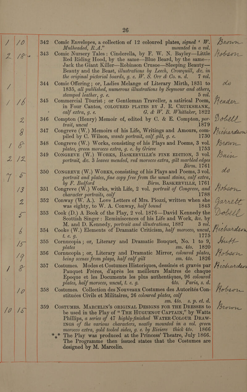  Comic Envelopes, a collection of 12 coloured plates, signed ‘ W. Prowr- | Mulheaded, R.A.” mounted in a vol. Py | [es 343 Comic Nursery Tales: Cinderella, by F. W. N. Bayley—Little ) Red Riding Hood, by the same-—Blue Beard, by the same—~- Jack the Giant Killer—Robinson Crusoe—Sleeping Beauty— Beauty and the Beast, illustrations by Leech, Crowquill, dc. im the original pictorial boards, g. e. W. S. Orr &amp; Co.n.d. 7 vol.  / 344 Comic Offering ; or, Ladies Melange of Literary Mirth, 1831 to 1835, all published, numerous illustrations by Seymour and others, | stamped leather, g. é. 5 vol. ey b 345 Commercial Tourist ; or Gentleman Traveller, a satirical Poem, | in Four Cantos, COLOURED PLATES BY J. R. CRUIKSHANK, | ee ag calf extra, g. G. &amp; W. B. Whittaker, 1822 e 346 Compton (Henry) Memoir of, edited by C. &amp; E. Compton, por- trait, wncut - 1879 § 347 Congreve (W.) Memoirs of his Life, Writings and Amours, com- Ve chuarthow piled by C. Wilson, wants portrait, calf gilt, g. e. 1730 Vi eae 348 Congreve (W.) Works, consisting of his Plays and Poems, 3 vol. Partwn— plates, green morocco extra, g. ¢. by Grieve 1753 F 349 CONGREVE (W.) WORKS, BASKERVILLE’S FINE EDITION, 3 vol. ae TE ire portrait, ke. 3 leaves mended, red morocco eatra, gilt marbled edges | Birm. 1761 ae 350 CONGREVE (W.) WorKS, consisting of his Plays and Poems, 3 vol. a0 7 portrait and plates, fine copy free from the usual stains, calf extra, by F. Bedford Bim. BASKERVILLE, 1761 V5 351 Congreve (W.) Works, with Life, 2 vol. portrait of Congreve, and Hiboon. character portraits, calf 1788 352 Conway (W. A.). Love Letters of Mrs. Piozzi, written when she 4 | was eighty, to W. A. Conway, half bound 1843 g CAMEL Orgy 353 Cook (D.) A Book of the Play, 2 vol. 1876—David Kennedy the DVotbeLe Scottish Singer: Reminiscences of his Life and Work, &amp;c. by M. and D. Kennedy, portrait and illustrations, 1887 3 vol. 4 354 Cooke (W.) Elements of Dramatic Criticism, half morocco, uncut, licchurdarr Pen: 1775 a 355 Cornucopia; or, Literary and Dramatic Bouquet, No. 1 to 9, Mutt /S | lat Z % : 4to. 1820 | plates sm. Ato. | /o| 356 Cornucopia; or, Literary and Dramatic Mirror, coloured plates, Vitor | é | | being scenes from plays, half calf gilt sm. 4to. 1826 / | Lr 357 Costumes. Modes et Costumes Historiques, dessinés et gravés par Vidkcle a | Pauquet Fréres, d’aprés les meilleurs Maitres de chaque Epoque et les Documents les plus authentiques, 96 colowred plates, half morocco, uncut, t. €. g. 4to. Paris, s. d. 358 Costumes. Collection des Nouveaux Costumes des Autorités Con- pope | stituées Civils et Militaires, 26 coloured plates, calf ree | sm. 410. s. p. et. d. /o\/4 359 CosTuMES. MARCELIN’S ORIGINAL DESIGNS FOR THE DRESSES to setae be used in the Play of “ Tok HuauENoT CAPTain,” by Watts Phillips, a series of 47 highly-finished WATER- Cotour DRaw- INGS of the various characters, neatly mounted in a vol. green morocco extra, gold tooled sides, g. e. by Riviere thick 4to. 1866 *,* The Play was produced at the Princess’ Theatre, July 1866. The Programme then issued states that the Costumes are designed by M. Marcelin. * eae   ae eee