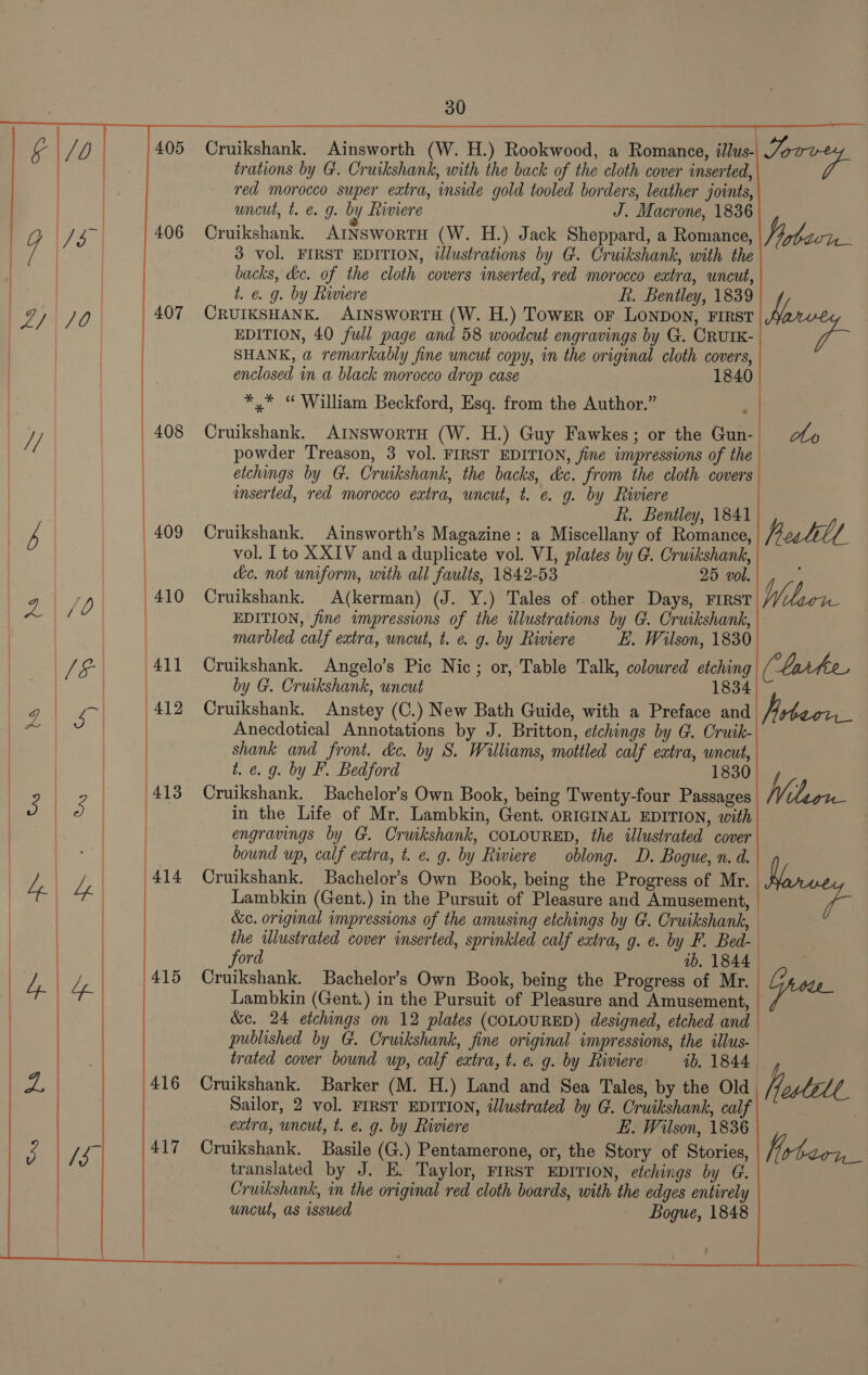    405 406 407 408 409 411 ; | 415 uncut, t. e. g. by Riviere J. Macrone, 1836 Cruikshank. ArnswortH (W. H.) Jack Sheppard, a Romance, Ue dot 3 vol. FIRST EDITION, illustrations by G. Cruikshank, with the backs, de. of the cloth covers inserted, red morocco extra, uncut, t. e. g. by Riviere ft. Bentley, 1839 CRUIKSHANK. AINSworRTH (W. H.) TowER oF LONDON, FIRST Hi; EDITION, 40 full page and 58 woodcut engravings by G. CRUIK- a ae SHANK, a remarkably fine uncut copy, in the original cloth covers, enclosed in a black morocco drop case 1840 *,* “ William Beckford, Esq. from the Author.” A Cruikshank. AINswortH (W. H.) Guy Fawkes; or the Gun- powder Treason, 3 vol. FIRST EDITION, fine impressions of the etchings by G. Cruikshank, the backs, &amp;c. from the cloth covers inserted, red morocco extra, uncut, t. e. g. by Riviere ft. Bentley, 1841 Cruikshank. Ainsworth’s Magazine: a Miscellany of Romance, vol. [to XXIV and a duplicate vol. VI, plates by G. Cruikshank, de. not uniform, with all faults, 1842-53 25 vol. Cruikshank. A(kerman) (J. Y.) Tales of. other Days, rirst| Wow EDITION, fine impressions of the illustrations by G. Cruikshank, marbled calf extra, uncut, t. e g. by Riviere L. Wilson, 1830 Cruikshank. Angelo’s Pic Nic; or, Table Talk, coloured etching (Carte by G. Cruikshank, uncut 1834 Cruikshank. Anstey (C.) New Bath Guide, with a Preface and Vegan es: Anecdotical Annotations by J. Britton, etchings by G. Cruik- shank and front. &amp;c. by 8. Williams, mottled calf eatra, uncut, t. e.g. by F. Bedford 1830 Cruikshank. Bachelor's Own Book, being Twenty-four Passages in the Life of Mr. Lambkin, Gent. ORIGINAL EDITION, with engravings by G. Cruikshank, COLOURED, the illustrated cover bound up, calf eatra, t. e. g. by Riviere oblong. D. Bogue, n. d. Cruikshank. Bachelor’s Own Book, being the Progress of Mr. Lambkin (Gent.) in the Pursuit of Pleasure and Amusement, &amp;c. original impressions of the amusing etchings by G. Cruikshank, | the illustrated cover inserted, sprinkled calf extra, g. e. by F. Bed- ford ib. 1844 Cruikshank. Bachelor’s Own Book, being the Progress of Mr. Lambkin (Gent.) in the Pursuit of Pleasure and Amusement, &amp;c. 24 etchings on 12 plates (COLOURED) designed, etched and published by G. Cruikshank, fine original impressions, the illus- trated cover bound up, calf extra, t. e. g. by Riviere 1b. 1844 Cruikshank. Barker (M. H.) Land and Sea Tales, by the Old Sailor, 2 vol. FIRST EDITION, illustrated by G. Cruikshank, calf extra, uncut, t. e. g. by Riviere EL. Wilson, 1836 uncut, as issued 