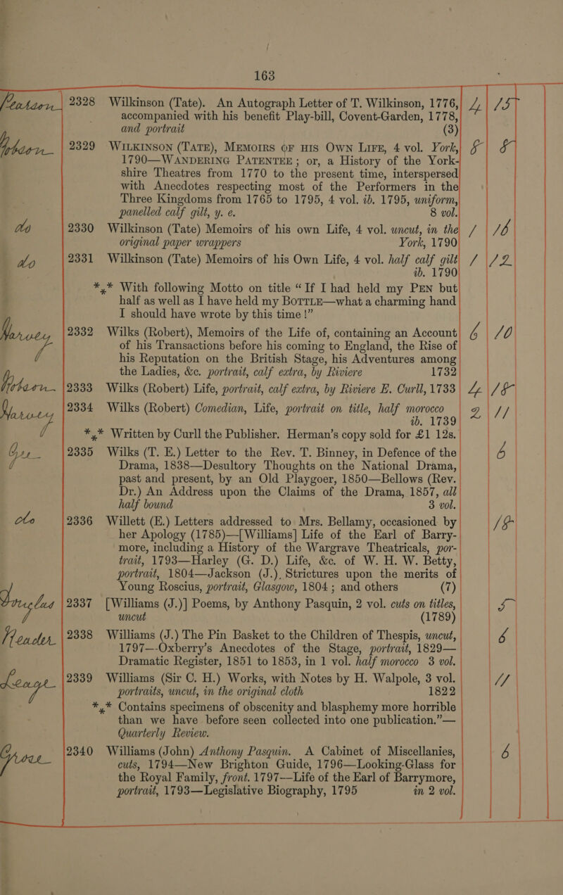                              2328 Wilkinson (Tate). An Autograph Letter of T. Wilkinson, 1776, accompanied with his benefit Play-bill, Covent-Garden, 1778, and portrait (3) 2329 WILKINSON (TATE), Memoirs oF HIS Own LiF8, 4 vol. York, 1790—WANDERING PATENTEE; or, a History of the York- shire Theatres from 1770 to the present time, interspersed with Anecdotes respecting most of the Performers in the Three Kingdoms from 1765 to 1795, 4 vol. ib. 1795, uniform, panelled calf gilt, y. e. 8 vol. 2330 Wilkinson (Tate) Memoirs of his own Life, 4 vol. wncut, in the original paper wrappers York, 1790 2331 Wilkinson (Tate) Memoirs of his Own Life, 4 vol. half calf gilt ib. 1790 *,* With following Motto on title “If I had held my PEN but half as well as I have held my BotrLE—what a charming hand I should have wrote by this time !” 2332 Wilks (Robert), Memoirs of the Life of, containing an Account of his Transactions before his coming to England, the Rise of his Reputation on the British Stage, his Adventures among the Ladies, &amp;c. portrait, calf extra, by Riviere 1732 her 2333 Wilks (Robert) Life, portrait, calf eatra, by Riviere E. Curll, 1733 2334 Wilks (Robert) Comedian, Life, portrait on title, half morocco ib. 1739 2335 Wilks (T. E.) Letter to the Rev. T. Binney, in Defence of the Drama, 1838—Desultory Thoughts on the National Drama, past and present, by an Old Playgoer, 1850—Bellows (Rev. Dr.) An Address upon the Claims of the Drama, 1857, all half bound 3 vol. 2336 Willett (E.) Letters addressed to Mrs. Bellamy, occasioned by her Apology (1785)—{ Williams] Life of the Earl of Barry- more, including a History of the Wargrave Theatricals, por- trait, 1793—Harley (G. D.) Life, &amp;c. of W. H. W. Betty, portrait, 1804—Jackson (J.), Strictures upon the merits of Young Roscius, portrait, Glasgow, 1804 ; and others (7) Lut 2337 [Williams (J.)] Poems, by Anthony Pasquin, 2 vol. cuts on titles, uncut (1789) 2338 Williams (J.) The Pin Basket to the Children of Thespis, uncut, 1797—-Oxberry’s Anecdotes of the Stage, portrait, 1829— Dramatic Register, 1851 to 1853, in 1 vol. half morocco 3 vol. 2339 Williams (Sir C. H.) Works, with Notes by H. Walpole, 3 vol. portraits, uncut, in the original cloth 1822 *,* Contains specimens of obscenity and blasphemy more horrible than we have before seen collected into one publication.”— Quarterly Review. 2340 Williams (John) Anthony Pasqun. A Cabinet of Miscellanies, culs, 1794—New Brighton Guide, 1796—Looking-Glass for the Royal Family, front. 1797-—Life of the Earl of Barrymore, portrait, 1793—Legislative Biography, 1795 in 2 vol.   =