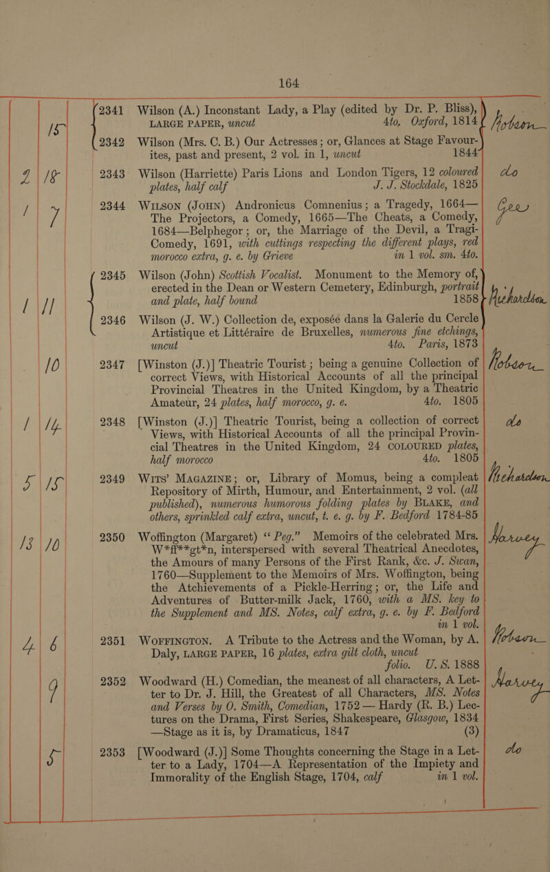                                                         Wilson (A.) Inconstant Lady, a Play (edited by Dr. P. Bliss), 22 : LARGE PAPER, wncut 4to, Oxford, 1814 2342 Wilson (Mrs. C. B.) Our Actresses ; or, Glances at Stage Favour- | ites, past and present, 2 vol. in 1, wncut 1844  1684—Belphegor ; or, the Marriage of the Devil, a Tragi- | Comedy, 1691, with cuttings respecting the different plays, red | | morocco extra, g. &amp; by Grieve in 1 vol. sm. 4to. | 2345 Wilson (John) Scottish Vocalist. Monument to the Memory of, | erected in the Dean or Western Cemetery, Edinburgh, portrait / / | and plate, half bound 1858 . : | eee 2343 Wilson (Harriette) Paris Lions and London Tigers, 12 coloured cho plates, half calf J. J. Stockdale, 1825 / 2344 WILSON (JOHN) Andronicus Comnenius; a Tragedy, 1664— | The Projectors, a Comedy, 1665—The Cheats, a Comedy, J y 2346 Wilson (J. W.) Collection de, exposée dans la Galerie du Cercle Artistique et Littéraire de Bruxelles, nwmerous fine etchings, uncut 4to. Paris, 1873 / 0. 2347 [Winston (J.)] Theatric Tourist ; being a genuine Collection of | correct Views, with Historical Accounts of all the principal Provincial Theatres in the United Kingdom, by a Theatric Amateur, 24 plates, half morocco, g. ¢. Ato. 1805 | | 2348 [Winston (J.)] Theatric Tourist, being a collection of correct )  Views, with Historical Accounts of all the principal Provin- cial Theatres in the United Kingdom, 24 COLOURED plates, half morocco 4to. 1805 S ) / Le 9349 Wits’ MaGAazINE; or, Library of Momus, being a compleat | ) Repository of Mirth, Humour, and Entertainment, 2 vol. (ail | published), numerous humorous folding plates by BLAKE, and others, sprinkled calf extra, uncut, t. e. g. by F. Bedford 1784-85 | 2350 Woffington (Margaret) ‘“ Peg.” Memoirs of the celebrated Mrs. | W*ff**ot*n, interspersed with several Theatrical Anecdotes, the Amours of many Persons of the First Rank, &amp;c. J. Swan, ) 1760—Supplement to the Memoirs of Mrs. Woffington, being the Atchievements of a Pickle-Herring; or, the Life and Adventures of Butter-milk Jack, 1760, with a MS. key to the Supplement and MS. Notes, calf eatra, g. e. by FP. Bedford 3 | m 1 vol. 2351 WorFinetTon. A Tribute to the Actress and the Woman, by A. Daly, LARGE PAPER, 16 plates, eatra gilt cloth, uncut folio. U.S. 1888 2352 Woodward (H.) Comedian, the meanest of all characters, A Let- ter to Dr. J. Hill, the Greatest of all Characters, MS. Notes and Verses by O. Smith, Comedian, 1752 — Hardy (R. B.) Lec- tures on the Drama, First Series, Shakespeare, Glasgow, 1834 —Stage as it is, by Dramaticus, 1847 2353 [Woodward (J.)] Some Thoughts concerning the Stage in a Let- ter to a Lady, 1704—A Representation of the Impiety and Immorality of the English Stage, 1704, calf im 1 vol. 