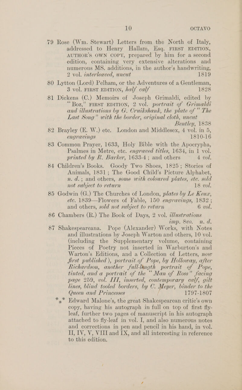 12 80 81 83 84 85 86 87 10 OCTAVO Rose (Wm. Stewart) Letters from the North of Italy, addressed to Henry Hallam, Esq. FIRST EDITION, AUTHOR'S OWN COPY, prepared by him for a second edition, containing very extensive alterations and numerous MS. additions, in the author’s handwriting, 2 vol. interleaved, uncut 1819 Lytton (Lord) Pelham, or the Adventures of a Gentleman, 3 vol. FIRST EDITION, half calf 1828 Dickens (C.) Memoirs of Joseph Grimaldi, edited by “Boz,” FIRST EDITION, 2 vol. portrait of Grimaldi and illustrations by G. Cruikshank, the plate of “ The Last Song” with the border, original cloth, uncut Bentley, 1838 Brayley (E. W.) ete. London and Middlesex, 4 vol. in 5, Engravings 1810-16 Common Prayer, 1633, Holy Bible with the Apocrypha, Psalmes in Metre, etc. engraved titles, 1634, in 1 vol. printed by R. Barker, 1633-4; and others 4 vol. Children’s Books. Goody Two Shoes, 1825; Stories of Animals, 1831; The Good Child’s Picture Alphabet, n. d.; and others, some with coloured plates, etc. sold not subject to return 18 vol. Godwin (G.) The Churches of London, plates by Le Keuz, etc. 1839—F lowers of Fable, 150 engravings, 1832 ; and others, sold not subject to return 6 vol. Chambers (R.) The Book of Days, 2 vol. ¢llustrations amp. 8vo. n. d. Shakespeareana. Pope (Alexander) Works, with Notes and illustrations by Joseph Warton and others, 10 vol. (including the Supplementary volume, containing Pieces of Poetry not inserted in Warburton’s and Warton’s Editions, and a Collection of Letters, now jirst published ), portrait of Pope, by Holloway, after Richardson, another full-length portrait of Pope, tinted, and a portrait of the “ Man of Ross” facing page 259, vol. ITT, inserted, contemporary calf, gilt lines, blind tooled borders, by C. Meyer, binder to the Queen and Princesses y 1797-1807 yx” Edward Malone’s, the great Shakespearean critic’s own copy, having his autograph in full on top of first fly- leaf, further two pages of manuscript in his autograph attached to fly-leaf in vol. I, and also numerous notes and corrections in pen and pencil in his hand, in vol. Il, IV, V, VIII and IX, and all interesting in reference to this edition.