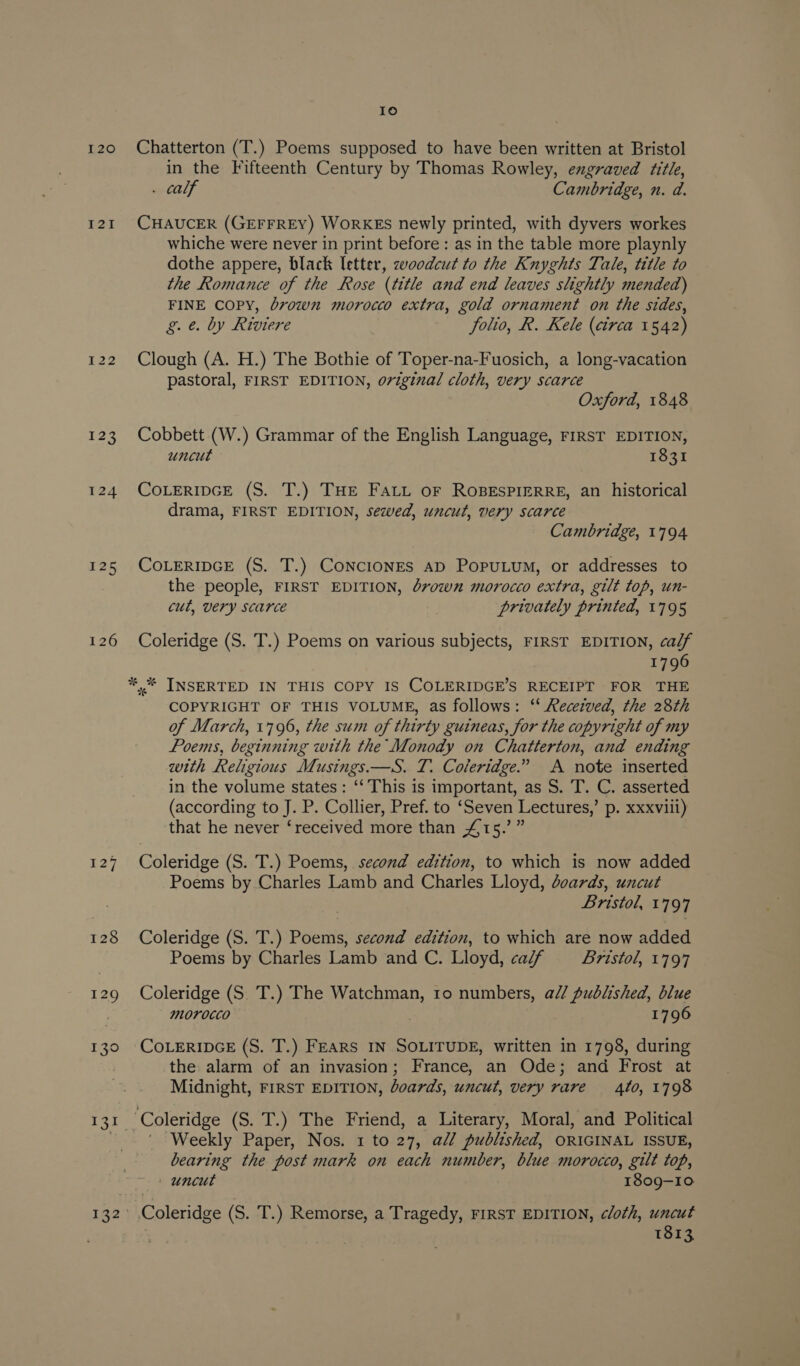 I20 r2t 123 124 125 126 127 128 129 130 Io Chatterton (T.) Poems supposed to have been written at Bristol in the Fifteenth Century by Thomas Rowley, engraved title, . calf Cambridge, n. d. CHAUCER (GEFFREY) WoRKES newly printed, with dyvers workes whiche were never in print before : as in the table more playnly dothe appere, black letter, zvoodcut to the Knyghts Tale, title to the Romance of the Rose (title and end leaves slightly mended) FINE COPY, drown morocco extra, gold ornament on the sides, g. e. by Riviere folio, R. Kele (circa 1542) Clough (A. H.) The Bothie of Toper-na-Fuosich, a long-vacation pastoral, FIRST EDITION, original cloth, very scarce Oxford, 1848 Cobbett (W.) Grammar of the English Language, FIRST EDITION, uncut 1831 CoLerIpDGE (S. T.) THE Fatt oF ROBESPIERRE, an historical drama, FIRST EDITION, sewed, uncut, very scarce Cambridge, 1794 COLERIDGE (S. T.) CONCIONES AD PopuLum, or addresses to the people, FIRST EDITION, drown morocco extra, gilt top, un- cut, very scarce privately printed, 1795 Coleridge (S. T.) Poems on various subjects, FIRST EDITION, calf 1796 *,* INSERTED IN THIS COPY IS COLERIDGE’S RECEIPT FOR THE COPYRIGHT OF THIS VOLUME, as follows: “‘ Received, the 28th of March, 1796, the sum of thirty guineas, for the copyright of my Poems, beginning with the Monody on Chatterton, and ending with Religious Musings.—S. T. Coleridge.” A note inserted in the volume states: ‘‘ This is important, as S. T. C. asserted (according to J. P. Collier, Pref. to ‘Seven Lectures,’ p. xxxviii) that he never ‘received more than £15.’” Coleridge (S. T.) Poems, second edition, to which is now added Poems by Charles Lamb and Charles Lloyd, doards, uncut Bristol, 1797 Coleridge (S. T.) Poems, second edition, to which are now added Poems by Charles Lamb and C. Lloyd, ca/f Bristol, 1797 Coleridge (S. T.) The Watchman, 10 numbers, a// published, blue morocco 1796 COLERIDGE (S. T.) FEARS IN SOLITUDE, written in 1798, during the alarm of an invasion; France, an Ode; and Frost at Midnight, FIRST EDITION, boards, uncut, very rare 4l0, 1798 Coleridge (S. T.) The Friend, a Literary, Moral, and Political Weekly Paper, Nos. 1 to 27, all published, ORIGINAL ISSUE, bearing the post mark on each number, blue morocco, gilt top, uncut 1809-10 Coleridge (S. T.) Remorse, a Tragedy, FIRST EDITION, cloth, uncut 1813