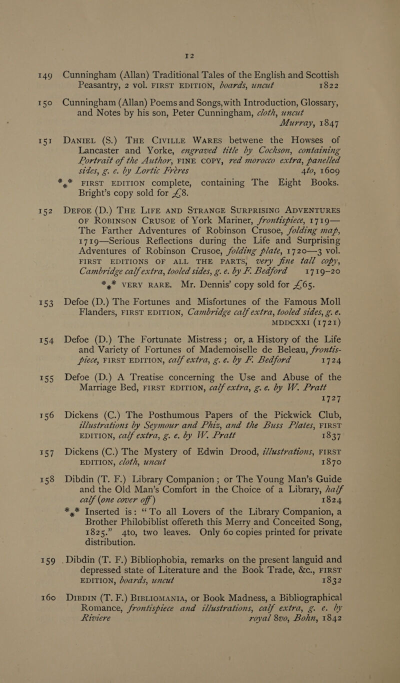 149 150 I51 152 153 154 155 156 157 158 159 160 I2 Cunningham (Allan) Traditional Tales of the English and Scottish Peasantry, 2 vol. FIRST EDITION, boards, uncut 1822 Cunningham (Allan) Poems and Songs, with Introduction, Glossary, and Notes by his son, Peter Cunningham, clo¢h, uncut Murray, 1847 DaniEL (S.) THE CIvILLE Wares betwene the Howses of Lancaster and Yorke, engraved title by Cockson, containing Portrait of the Author, FINE COPY, red morocco extra, panelled sides, g. e. by Lortic Freres 4to, 1609 Bright’s copy sold for £8. DEFOE (D.) THE LIFE AND STRANGE SURPRISING ADVENTURES OF Ropinson CruSOE of York Mariner, frontispiece, 1719— The Farther Adventures of Robinson Crusoe, folding map, 1719—Serious Reflections during the Life and Surprising Adventures of Robinson Crusoe, folding plate, 1720—3 vol. FIRST EDITIONS OF ALL THE PARTS, very jine tall copy, Cambridge calf extra, tooled sides, g.e. by F. Bedford 1719-20 *,* VERY RARE. Mr. Dennis’ copy sold for 465. Defoe (D.) The Fortunes and Misfortunes of the Famous Moll Flanders, FIRST EDITION, Cambridge calf extra, tooled sides, g. e. MDDCXXI (1721) Defoe (D.) The Fortunate Mistress; or, a History of the Life and Variety of Fortunes of Mademoiselle de Beleau, /rontis- piece, FIRST EDITION, cadf extra, g.e. by F. Bedford 1724 Defoe (D.) A Treatise concerning the Use and Abuse of the Marriage Bed, FIRST EDITION, calf extra, g.e. by W. Pratt 1727 Dickens (C.) The Posthumous Papers of the Pickwick Club, illustrations by Seymour and Phiz, and the Buss Plates, FIRST EDITION, ca/f extra, g. e. by W. Pratt 1837 Dickens (C.) The Mystery of Edwin Drood, ¢//ustrations, FIRST EDITION, cloth, uncut 1870 Dibdin (T. F.) Library Companion ; or The Young Man’s Guide and the Old Man’s Comfort in the Choice of a Library, Zalf calf (one cover off ) 1824 *,* Inserted is: ‘To all Lovers of the Library Companion, a Brother Philobiblist offereth this Merry and Conceited Song, 1825.” 4to, two leaves. Only 60 copies printed for private distribution. depressed state of Literature and the Book Trade, &amp;c., FIRST EDITION, doards, uncut 1832 Dispin (T. F.) Brstiomanta, or Book Madness, a Bibliographical Romance, frontispiece and illustrations, calf extra, g. e. by Riwere royal 8vo, Bohn, 1842