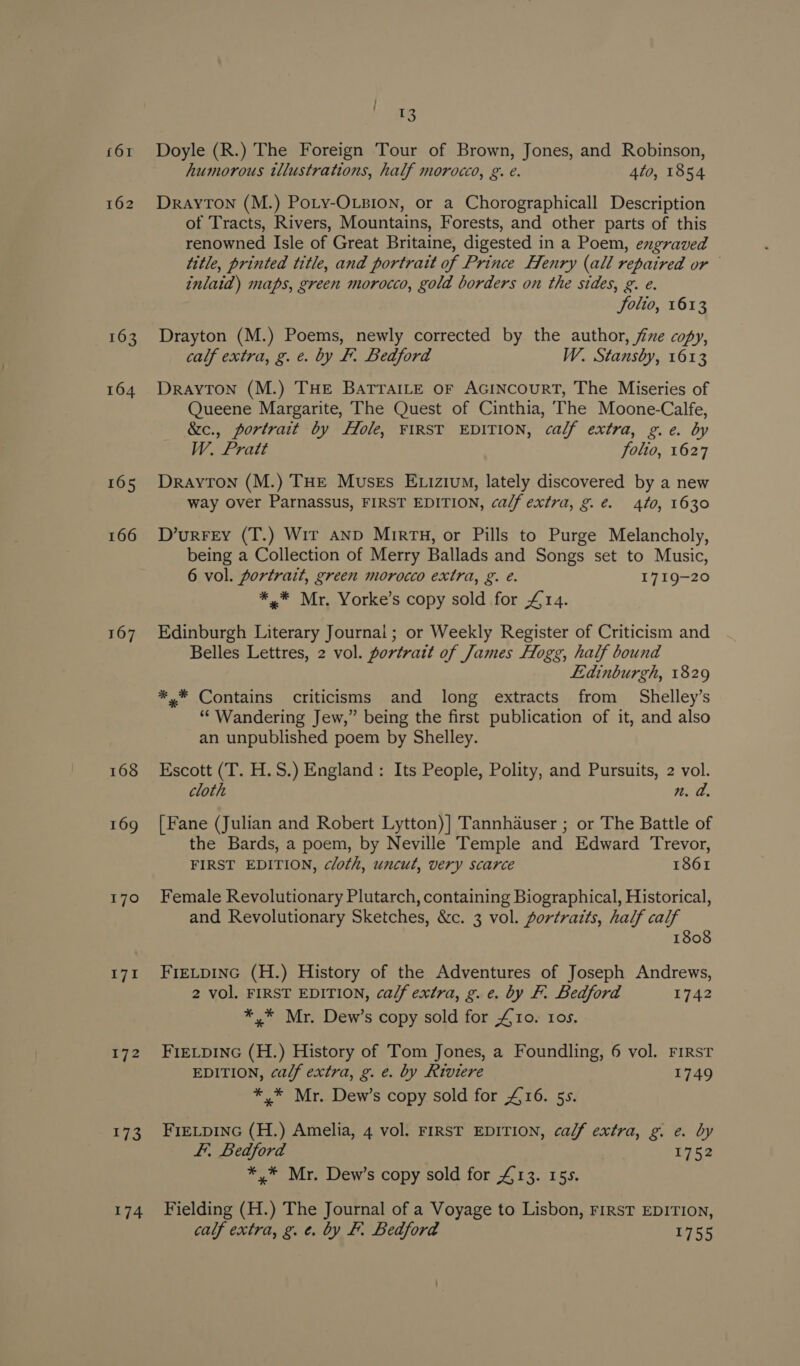 162 163 164 165 166 167 168 169 IO 171 172 173 174 ; ; i) Doyle (R.) The Foreign Tour of Brown, Jones, and Robinson, humorous tllustrations, half morocco, g. e. 4to, 1854 Drayton (M.) Poty-OLsion, or a Chorographicall Description of Tracts, Rivers, Mountains, Forests, and other parts of this renowned Isle of Great Britaine, digested in a Poem, engraved title, printed title, and portrait of Prince Henry (all repaired or inlaid) maps, green morocco, gold borders on the sides, g. e. Solio, 1613 Drayton (M.) Poems, newly corrected by the author, five copy, calf extra, g. ¢. by F. Bedford W. Stansby, 1613 Drayton (M.) THE BATTAILE or AGINCOURT, The Miseries of Queene Margarite, The Quest of Cinthia, The Moone-Calfe, &amp;c., portrait by Hole, FIRST EDITION, calf extra, g.e. by W. Pratt folio, 1627 Drayton (M.) THE Muses EL iz1uM, lately discovered by a new way over Parnassus, FIRST EDITION, calf extra, g. €. 410, 1630 D’urFEY (T.) Wir AND MirtH, or Pills to Purge Melancholy, being a Collection of Merry Ballads and Songs set to Music, 6 vol. portrait, green morocco extra, g. e. 1719-20 *,* Mr. Yorke’s copy sold for £14. Edinburgh Literary Journal; or Weekly Register of Criticism and Belles Lettres, 2 vol. portratt of James Hogg, half bound Edinburgh, 1829 *,* Contains criticisms and long extracts from Shelley’s “ Wandering Jew,” being the first publication of it, and also an unpublished poem by Shelley. Escott (T. H.S.) England: Its People, Polity, and Pursuits, 2 vol. cloth n. a. [Fane (Julian and Robert Lytton)] Tannhauser ; or The Battle of the Bards, a poem, by Neville Temple and Edward Trevor, FIRST EDITION, cloth, uncut, very scarce 1861 Female Revolutionary Plutarch, containing Biographical, Historical, and Revolutionary Sketches, &amp;c. 3 vol. portratts, half calf 1808 FIELDING (H.) History of the Adventures of Joseph Andrews, 2 vol. FIRST EDITION, ca/f extra, g. e. by F. Bedford 1742 *,* Mr. Dew’s copy sold for £10. ros. FIELDING (H.) History of Tom Jones, a Foundling, 6 vol. FIRST EDITION, ca/f extra, g. e. by Riviere 1749 *,* Mr. Dew’s copy sold for £16. 5s. FreLpinc (H.) Amelia, 4 vol. FIRST EDITION, calf extra, g. e. by fF, Bedford L752 *,* Mr. Dew’s copy sold for £13. 155. Fielding (H.) The Journal of a Voyage to Lisbon, FIRST EDITION, calf extra, g. ¢. by F. Bedford 1755