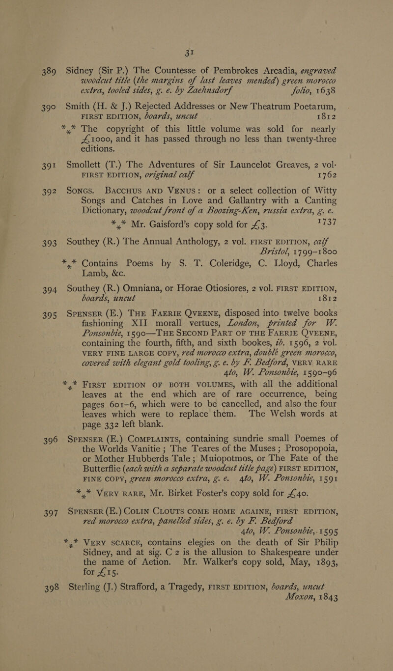 31 389 Sidney (Sir P.) The Countesse of Pembrokes Arcadia, engraved woodcut title (the margins of last leaves mended) green morocco extra, tooled sides, g. e. by Zaehnsdorf folio, 1638 390 Smith (H. &amp; J.) Rejected Addresses or New Theatrum Poetarum, FIRST EDITION, Joards, uncut. 1812 *,* The copyright of this little volume was sold for nearly #1000, and it has passed through no less than twenty-three editions. 391 Smollett (T.) The Adventures of Sir Launcelot Greaves, 2 vol- FIRST EDITION, original calf 1762 392 Soncs. BaccHuS AND VENUS: or a Select collection of Witty Songs and Catches in Love and Gallantry with a Canting Dictionary, zvoodcut front of a Boozing-Ken, russia extra, g. e. *,* Mr. Gaisford’s copy sold for £3. 1737 393 Southey (R.) The Annual Anthology, 2 vol. FIRST EDITION, ca/f Bristol, 1799-1800 *,* Contains Poems by S. T. Coleridge, C. Lloyd, Charles Lamb, &amp;c. 394 Southey (R.) Omniana, or Horae Otiosiores, 2 vol. FIRST EDITION, boards, uncut 1812 395 SPENSER (E.) THE FAERIE QVEENE, disposed into twelve books fashioning XII morall vertues, London, printed for W. Ponsonbie, 1590 —THE SECOND PART OF THE FAERIE QVEENE, containing the fourth, fifth, and sixth bookes, 24. 1596, 2 vol. VERY FINE LARGE COPY, ved morocco extra, doublé green morocco, covered with elegant gold tooling, g. e. by F. Bedford, VERY RARE 4to, W. Ponsonbie, 1590-96 * * FIRST EDITION OF BOTH VOLUMES, with all the additional leaves at the end which are of rare occurrence, being pages 601-6, which were to be cancelled, and also the four leaves which were to replace them. The Welsh words at page 332 left blank. 396 SPENSER (E.) CoMPLAINTS, containing sundrie small Poemes of the Worlds Vanitie ; The Teares of the Muses ; Prosopopoia, or Mother Hubberds Tale ; Muiopotmos, or The Fate of the Butterflie (each with a separate woodcut title page) FIRST EDITION, FINE COPY, green morocco extra, g.e. 4to, W. Ponsonbte, 1591 *,* Very RARE, Mr. Birket Foster’s copy sold for £40. 397 SPENSER (E.) COLIN CLOUTS COME HOME AGAINE, FIRST EDITION, ved morocco extra, panelled sides, g. e. by F. Bedford 4to, W. Ponsonbte,.1595 * * VERY SCARCE, contains elegies on the death of Sir Philip Sidney, and at sig. C 2 is the allusion to Shakespeare under the name of Aetion. Mr. Walker’s copy sold, May, 1893, for 415. 398 Sterling (J.) Strafford, a Tragedy, FIRST EDITION, Joards, uncut Moxon, 1843