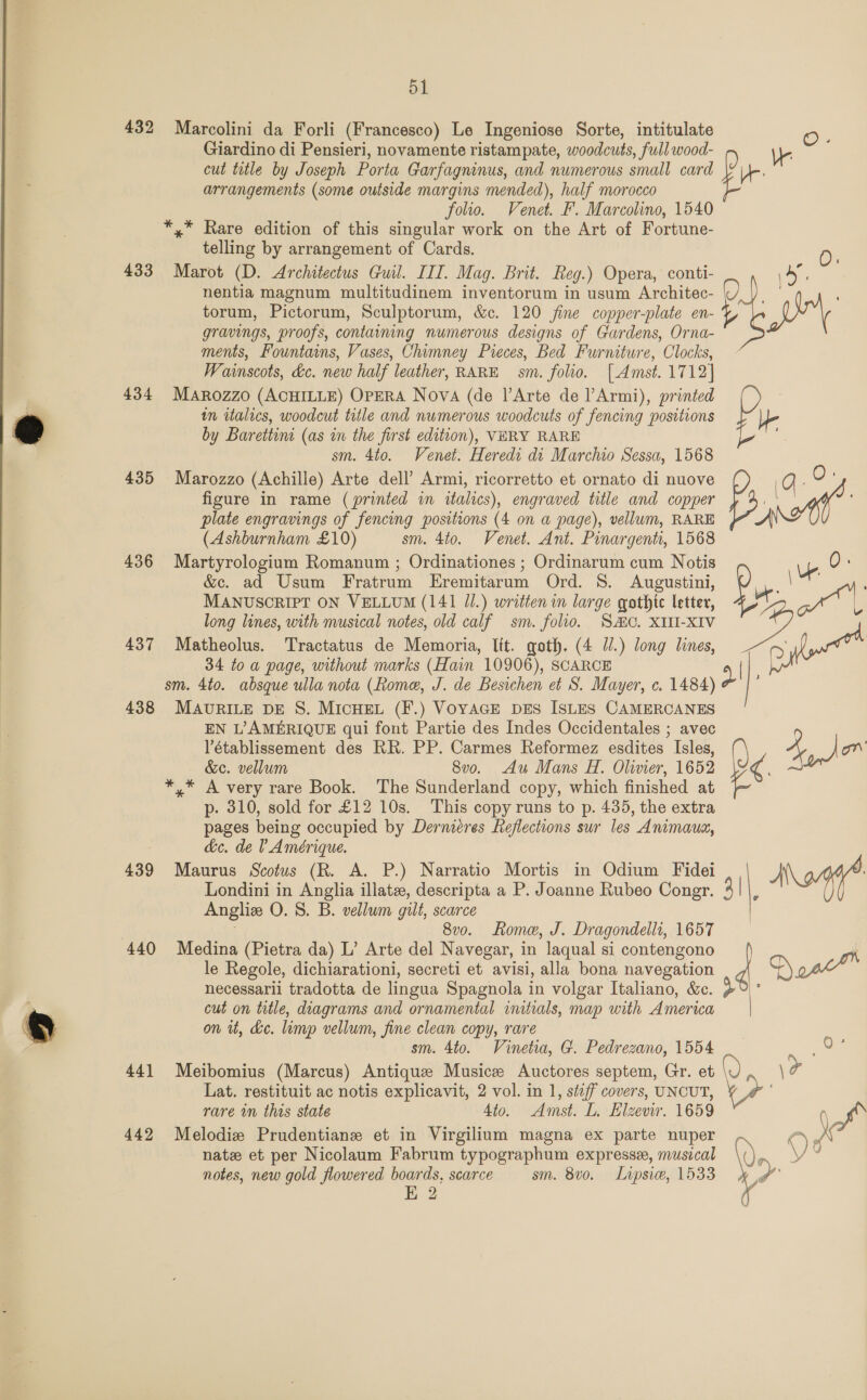  432 433 434 435 436 437 438 439 440 44] 442 51 Marcolini da Forli (Francesco) Le Ingeniose Sorte, intitulate Giardino di Pensieri, novamente ristampate, woodcuts, full wood- cut title by Joseph Porta Garfagninus, and numerous small card arrangements (some outside margins mended), half morocco folio. Venet. F. Marcolino, 1540 *,* Rare edition of this singular work on the Art of Fortune- telling by arrangement of Cards. Marot (D. Architectus Guil. ITI. Mag. Brit. Reg.) Opera, conti- nentia magnum multitudinem inventorum in usum Architec- torum, Pictorum, Sculptorum, &amp;c. 120 fine copper-plate en- gravings, proofs, containing numerous designs of Gardens, Orna- ments, Fountains, Vases, Chimney Pieces, Bed Furniture, Clocks, Wainscots, &amp;c. new half leather, RARE sm. folio. [ Amst. 1712] MaAR0zzo (ACHILLE) OpERA Nova (de |’Arte de l’Armi), printed tm italics, woodcut ttle and numerous woodcuts of fencing positions by Barettini (as in the first edition), VERY RARE sm. 4to. Venet. Heredi di Marchio Sessa, 1568 Marozzo (Achille) Arte dell’ Armi, ricorretto et ornato di nuove figure in rame (printed in italics), engraved title and copper plate engravings of fencing positions (4 on a page), vellum, RARE (Ashburnham £10) sm. 4to. Venet. Ant. Pinargentit, 1568 Martyrologium Romanum ; Ordinationes ; Ordinarum cum Notis &amp;c. ad Usum Fratrum Eremitarum Ord. 8. Augustini, MANUSCRIPT ON VELLUM (141 JI.) written in large gothic letter, long lines, with musical notes, old calf sm. folio. SMC. XII-XIV Matheolus. Tractatus de Memoria, lit. goth. (4 Jl.) long lines, 34 to a page, without marks (Hain 10906), SCARCE sm. 4to. absque ulla nota (Rome, J. de Besichen et S. Mayer, c. 1484) MAURILE DE S. MicHEL (F.) VOYAGE DES ISLES CAMERCANES EN L’AMERIQUE qui font Partie des Indes Occidentales ; avec létablissement des RR. PP. Carmes Reformez esdites Isles, &amp;ec. vellum 8vo. Au Mans H. Olivier, 1652 *,* A very rare Book. The Sunderland copy, which finished at p- 310, sold for £12 10s. This copy runs to p. 435, the extra pages being occupied by Dernieres Reflections sur les Animaua, de. de 1 Amérique. Maurus Scotus (R. A. P.) Narratio Mortis in Odium Fidei Londini in Anglia illate, descripta a P. Joanne Rubeo Congr. Anglie O. S. B. vellum gilt, scarce ; 8v0. Rome, J. Dragondellt, 1657 Medina (Pietra da) L’ Arte del Navegar, in laqual si contengono le Regole, dichiarationi, secreti et avisi, alla bona navegation necessarii tradotta de lingua Spagnola in volgar Italiano, &amp;e. cut on title, diagrams and ornamental initials, map with America on ut, ke. limp vellum, fine clean copy, rare sm. 4to. Vinetia, G. Pedrezano, 1554 an  | 3 | Lat. restituit ac notis explicavit, 2 vol. in 1, séff covers, UNCUT, rare in this state 4to. Amst. L. Elzevir. 1659 Melodie Prudentiane et in Virgilium magna ex parte nuper nate et per Nicolaum Fabrum typographum expresse, musical notes, new gold flowered boards, scarce sm. 8v0. Lapsie, 1533 E 2 v »: @ Nv