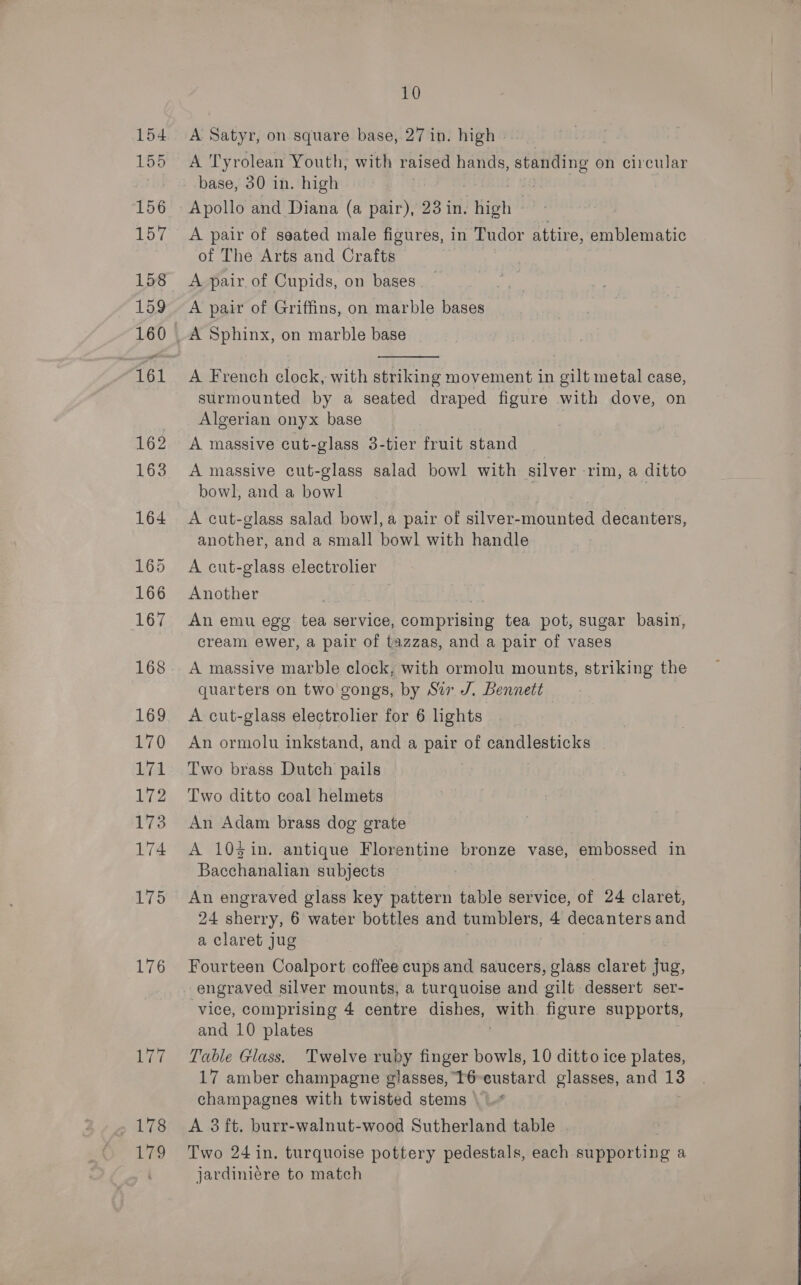, 178 179 10 A Satyr, on square base, 27 in. high | A Tyrolean Youth, with raised hands, standing on circular base, 30 in. high } Apollo and Diana (a pair), 23 in. Pigti A pair of seated male figures, in Tudor attire, emblematic of The Arts and Crafts A pair. of Cupids, on bases. — ay A pair of Griffins, on marble bases A Sphinx, on marble base  A French clock, with striking movement in gilt metal case, surmounted by a seated draped figure with dove, on Algerian onyx base A massive cut-glass 3-tier fruit stand A massive cut-glass salad bowl with silver rim, a ditto bowl, and a bowl A cut-glass salad bowl, a pair of piven mounted decanters, another, and a small bowl with handle A cut-glass electrolier Another ? cream ewer, a pair of tazzas, and a pair of vases A massive marble clock, with ormolu mounts, striking the quarters on two gongs, by Sir J, Bennett ; A cut-glass electrolier for 6 lights An ormolu inkstand, and a pair of candlesticks Two brass Dutch pails Two ditto coal helmets An Adam brass dog grate A 103in. antique Florentine bronze vase, embossed in Bacchanalian subjects An engraved glass key pattern table service, of 24 claret, 24 sherry, 6 water bottles and tumblers, 4 decanters and a claret jug Fourteen Coalport coffee cups and saucers, glass claret jug, engraved silver mounts, a turquoise and gilt dessert ser- vice, comprising 4 centre dishes, eo figure supports, and 10 plates Table Glass. Twelve ruby finger bowls, 10 ditto ice plates, 17 amber champagne glasses, T6 eustard glasses, and 18 champagnes with twisted stems _ A 3 ft. burr-walnut-wood Sutherland table . Two 24 in. turquoise pottery pedestals, each supporting a jardiniére to match   