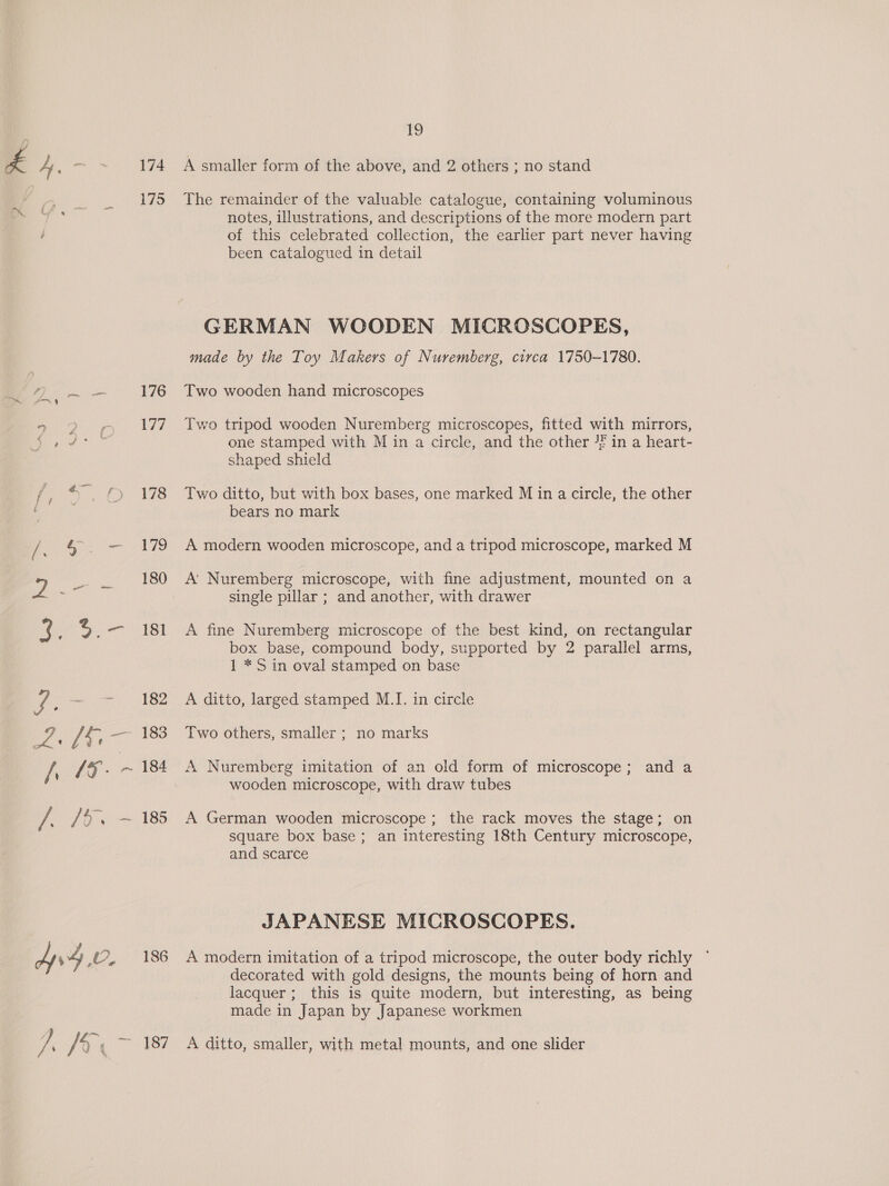 174 175 176 “Ze ee a 8 wa fo. 198 179 180 181 182 eee / 184 J. 163 ~ 185 v4 O. 186 Wi YW hea 7 19 A smaller form of the above, and 2 others ; no stand The remainder of the valuable catalogue, containing voluminous notes, illustrations, and descriptions of the more modern part of this celebrated collection, the earlier part never having been catalogued in detail GERMAN WOODEN MICROSCOPES, made by the Toy Makers of Nuremberg, circa 1750-1780. Two wooden hand microscopes Two tripod wooden Nuremberg microscopes, fitted with mirrors, one stamped with M in a circle, and the other JF in a heart- shaped shield Two ditto, but with box bases, one marked M in a circle, the other bears no mark A modern wooden microscope, and a tripod microscope, marked M A’ Nuremberg microscope, with fine adjustment, mounted on a single pillar ; and another, with drawer A fine Nuremberg microscope of the best kind, on rectangular box base, compound body, supported by 2 parallel arms, 1 *S in oval stamped on base A ditto, larged stamped M.I. in circle Two others, smaller ; no marks A Nuremberg imitation of an old form of microscope; and a wooden microscope, with draw tubes A German wooden microscope ; the rack moves the stage; on Square box base; an interesting 18th Century microscope, and scarce JAPANESE MICROSCOPES. A modern imitation of a tripod microscope, the outer body richly ° decorated with gold designs, the mounts being of horn and lacquer; this is quite modern, but interesting, as being made in Japan by Japanese workmen A ditto, smaller, with metal mounts, and one slider