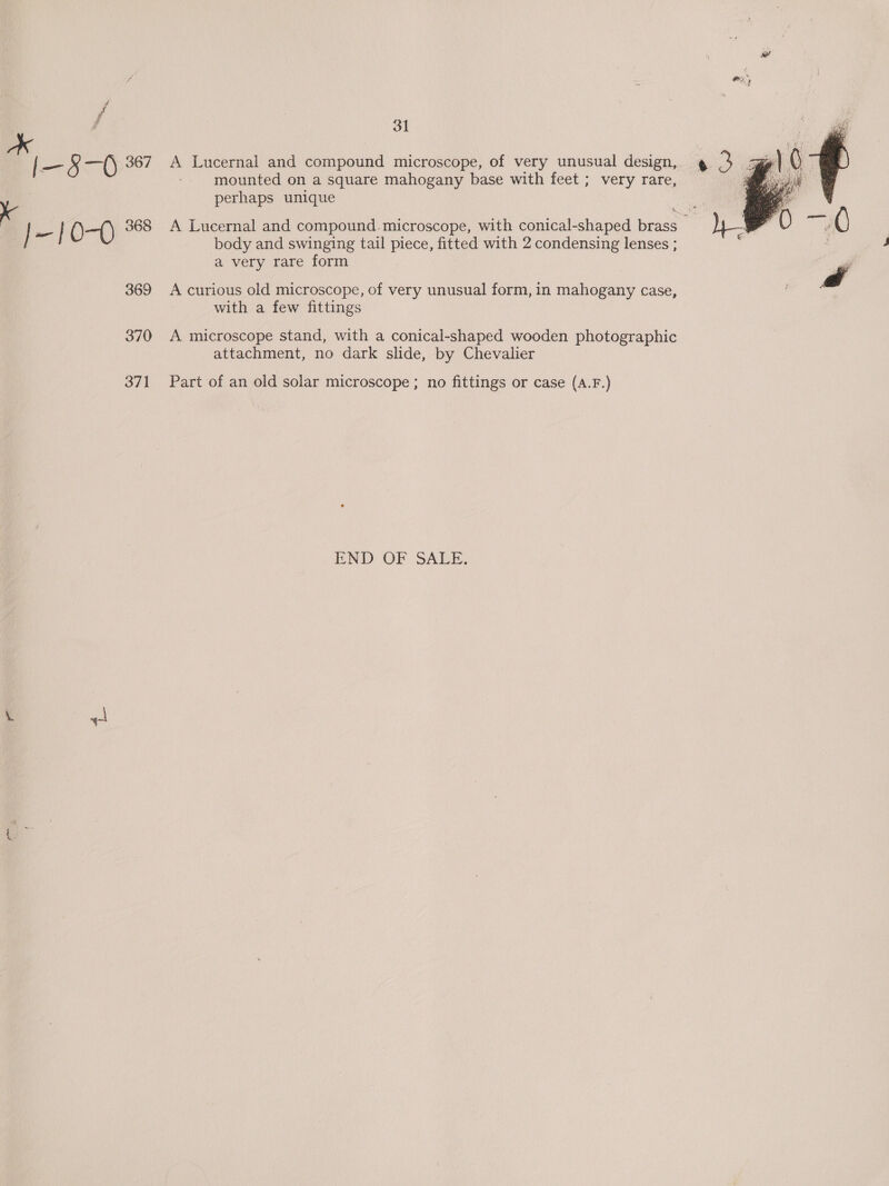 j ke f 31 [— ‘oa 367 A Lucernal and compound microscope, of very unusual design, mounted on a square mahogany base with feet ; very rare, perhaps unique x } a | 0-0 3868 A Lucernal and compound microscope, with conical-shaped brass Ye body and swinging tail piece, fitted with 2 condensing lenses ; a very rare form  369 A curious old microscope, of very unusual form, in mahogany case, with a few fittings 370 &lt;A microscope stand, with a conical-shaped wooden photographic attachment, no dark slide, by Chevalier 371 Part of an old solar microscope ; no fittings or case (A.F.) END OF SALE,