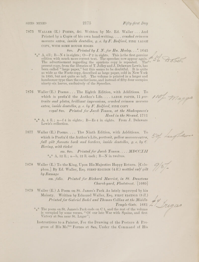 7875 Water (E.) Poems, &amp;c. Written by Mr. Ed. Waller... And Printed by a Copie of his own hand-writing. ... crushed crimson morocco extra, inside dentelles, g. e. by F. Bedford, FINE LARGE COPY, WITH SOME ROUGH EDGES 8v0. Printed by I. N. for Hu. Mosley. . .”. 1645 *,* A, 4ll; B—N 4 ineights; O—P 2 in eights. This isthe first genuine The advertisement regarding the spurious copy is repeated. The present copy, from the libraries of T. Jolley and J. Delaware Lewis, has - been called “large paper,” but this seems to be doubtful. It is quite as wide as the Foote copy, described as large paper, sold in New York in 1895, but not quite so tall. The volume is printed in a larger and handsomer type than the earlier issue, and instead of fifty-four occupies ninety-six leaves, exclusively of the Speeches. ; 7876 Waller (E.) Poems... The Eighth Edition, with Additions. To which is prefix’d the Author’s Life.... LARGE PAPER, 11 por- traits and plates, brilliant impressions, crushed crimson morocco extra, inside dentelles, g. e. by F. Bedford, FINE COPY royal 8vo. Printed for Jacob Tonson, at the Shakespeare’s , Head in the Strand, 1711 *,* A, 4 ll; a—f4 in eights; B—Ee4 in eights. From J. Delaware Lewis’s collection. 7877 Waller (E.) Poems. ... The Ninth Edition, with Additions. To which is Prefix’d the Author’s Life, portrait, yellow morocco extra, Jull gilt floreate back and borders, inside dentelles, g.e. by C. Hering, with ticket sm. 8vo. Printed for Jacob Tonson.... MDCCXLITLT *,* A, 1211; a—b, 12 Il. each; B—N in twelves. 7878 Waller (E.) To the King, Upon His Majesties Happy Return. [Colo- phon.| By Ed. Waller, Esq. rirst- EDiTION (4 71.) mottled calf gilt by Ramage sm. folio. Printed for Richard Marriot, in St. Dunstans Church-yard, Fleetstreet. [1660] 7879 Waller (E.) A Poem on St. James’s Park As lately improved by his Maiesty. Written by Edmund Waller, Esq. FIRST EDITION (8 //.) Printed for Gabriel Bedel and Thomas Collins at the Middle- ie il  ? . (70 4 PP) a =) *,* The poem on St. James’s Park ends on C1, and the rest of the volume is occupied by some verses, ‘Of our late War with Spaine, and first Victory at Sea near St. Lugar”; | Instructions to a Painter, For the Drawing of the Posture &amp; Pro- gress of His Ma” Forces at Sea, Under the Command of His