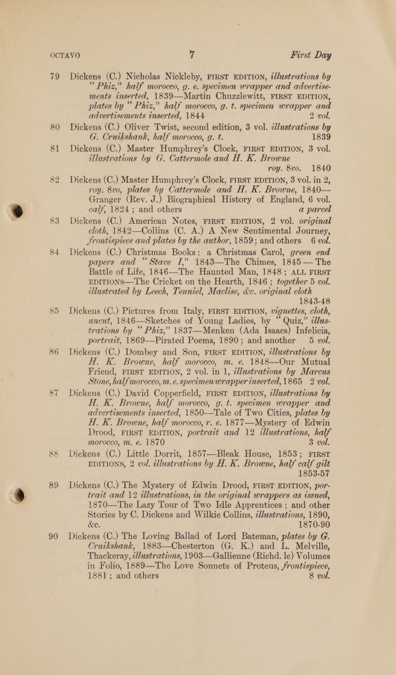 19 80 81 (os) bo 84 86 87 89 90 Dickens (C.) Nicholas Nickleby, FIRST EDITION, ¢lustrations by Phiz,” half morocco, g. €. specimen wrapper and advertise- ments inserted, 1839—Martin Chuzzlewitt, FIRST EDITION, plates by “ Phiz,” half morocco, g. t. specimen wrapper and advertisements inserted, 1844 2 vol. Dickens (C.) Oliver Twist, second edition, 3 vol. illustrations by G. Cruikshank, half morocco, g. t. 1839 Dickens (C.) Master Humphrey’s Clock, FIRST EDITION, 3 vol. illustrations by G. Cattermole and H. K. Browne roy. 8vo. 1840 Dickens (C.) Master Humphrey’s Clock, FIRST EDITION, 3 vol. in 2, roy. 8vo, plates by Cattermole and H. K. Browne, 1840— Granger (Rev. J.) Biographical History of England, 6 vol. calf, 1824; and others a parcel Dickens (C.) American Notes, FIRST EDITION, 2 vol. original cloth, 1842—Collins (C. A.) A New Sentimental Journey, Frontispiece and plates by the author, 1859; and others _ 6 vol. Dickens (C.) Christmas Books: a Christmas Carol, green end papers and “Stave I,” 1843—The Chimes, 1845 — The Battle of Life, 1846—-The Haunted Man, 1848; ALL FIRST EDITIONS—The Cricket on the Hearth, 1846 ; together 5 vol. tllustrated by Leech, Tenniel, Maclise, &amp;c. original cloth 1843-48 Dickens (C.) Pictures from Italy, FIRST EDITION, vignettes, cloth, uncut, 1846—Sketches of Young Ladies, by “ Quiz,” cllus- trations by “ Phiz,” 1837—Menken (Ada Isaacs) Infelicia, portrait, 1869—Pirated Poems, 1890; and another 5 vol. Dickens (C.) Dombey and Son, FIRST EDITION, zllustrations by Hl. Kk. Browne, half morocco, m. e. 1848—Our Mutual Friend, FIRST EDITION, 2 vol. in 1, elustrations by Marcus Stone, half morocco, nv. e. specimen wrapper inserted, 1865 2 vol. Dickens (C.) David Copperfield, FIRST EDITION, zllustrations by H. K. Browne, half morocco, g. t. specimen wrapper and advertisements inserted, 1850—Tale of Two Cities, plates by H. K. Browne, half morocco, r. e. 1877—Mystery of Edwin Drood, FIRST EDITION, portrait and 12 illustrations, half morocco, m. é. 1870 3 vol. Dickens (C.) Little Dorrit, 1857—-Bleak House, 1853; FIRST EDITIONS, 2 vol. illustrations by H. K. Browne, half calf gilt 1853-57 Dickens (C.) The Mystery of Edwin Drood, FIRST EDITION, por- trait and 12 illustrations, in the original wrappers as issued, 1870—The Lazy Tour of Two Idle Apprentices ; and other Stories by C. Dickens and Wilkie Collins, cllustrations, 1890, &amp;e. . 1870-90 Dickens (C.) The Loving Ballad of Lord Bateman, plates by G. Cruikshank, 1883—Chesterton (G. K.) and L. Melville, Thackeray, ¢llustrations, 1903—Gallienne (Richd. le) Volumes in Folio, 1889—The Love Sonnets of Proteus, frontispiece,