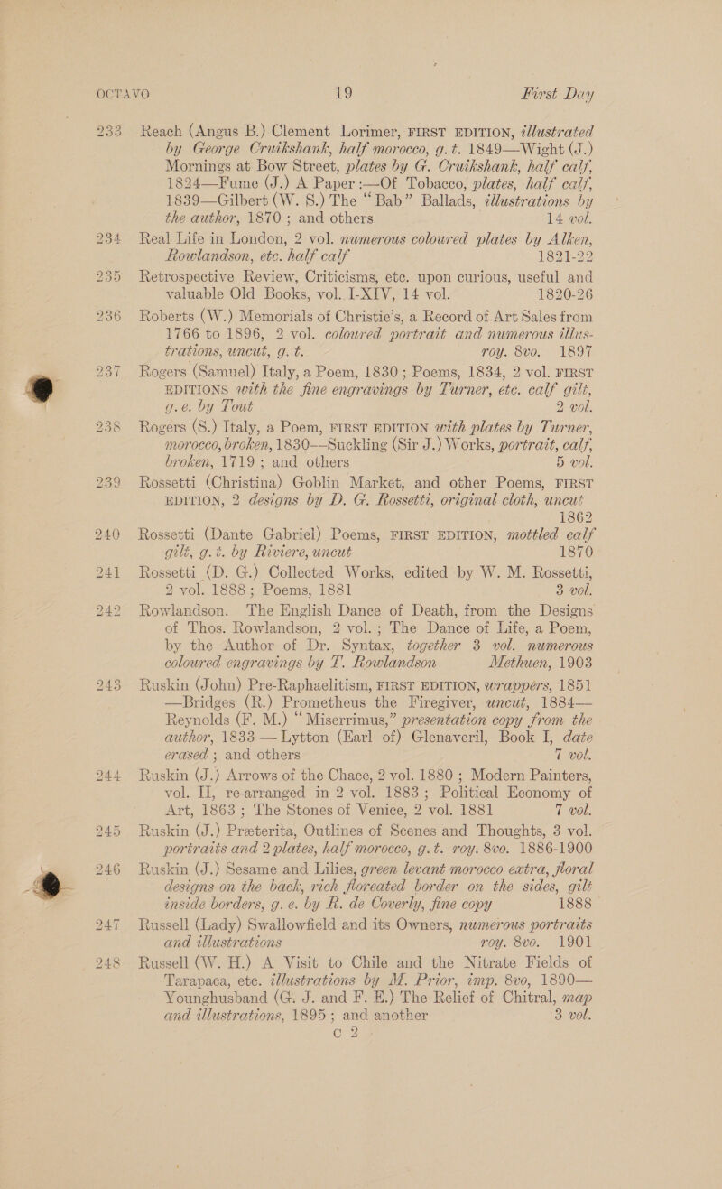 233 Reach (Angus B.) Clement Lorimer, FIRST EDITION, dlustrated by George Cruikshank, half morocco, g. t. 1849—Wight (J.) Mornings at Bow Street, plates by G. Cruikshank, half calf, 1824—Fume (J.) A Paper :—Of Tobacco, plates, half calf, 1839—Gilbert (W. 8.) The “Bab” Ballads, dlustrations by the author, 1870; and others 14 vol. 234 Real Life in London, 2 vol. nwmerous coloured plates by Alken, Rowlandson, etc. half calf 1821-22 235 Retrospective Review, Criticisms, ete. upon curious, useful and valuable Old Books, vol..I-XIV, 14 vol. 1820-26 236 Roberts (W.) Memorials of Christie’s, a Record of Art Sales from 1766 to 1896, 2 vol. coloured portrait and numerous illius- trations, uncut, g. t. roy. 8vo. 1897 237 Rogers (Samuel) Italy, a Poem, 1830; Poems, 1834, 2 vol. FIRST EDITIONS with the fine engravings by Turner, etc. calf gilt, g.e. by Tout 2 vol. 238 Rogers (S.) Italy, a Poem, FIRST EDITION with plates by Turner, morocco, broken, 1830-——Suckling (Sir J.) Works, portrait, calf, broken, 1719 ; and others 5 vol. 239 Rossetti (Christina) Goblin Market, and other Poems, FIRST EDITION, 2 designs by D. G. Rossetir, original cloth, uncai 1862 240 Rossetti (Dante Gabriel) Poems, FIRST EDITION, mottled calf gili, g.t. by Riviere, uncut 1870 241 Rossetti (D. G.) Collected Works, edited by W. M. Rossetti, 2 vol. 1888; Poems, 1881 Bead, 242 Rowlandson. ‘The English Dance of Death, from the Designs of Thos. Rowlandson, 2 vol.; The Dance of Life, a Poem, by the Author of Dr. Syntax, together 3 vol. numerous coloured engravings by T. Rowlandson Methuen, 1903 243 Ruskin (John) Pre-Raphaelitism, FIRST EDITION, wrappers, 1851 —Bridges (R.) Prometheus the Firegiver, uncut, 1884— Reynolds (F. M.) “Miserrimus,” presentation copy from the author, 1833 —Lytton (Earl of) Glenaveril, Book I, date erased ; and others 7 vol. 244 Ruskin (J.) Arrows of the Chace, 2 vol. 1880 ; Modern Painters, vol. II, re-arranged in 2 vol. 1883; Political Economy of Art, 1863 ; The Stones of Venice, 2 vol. 1881 7 vol. 245 Ruskin (J.) Preeterita, Outlines of Scenes and Thoughts, 3 vol. portraits and 2 plates, half morocco, g.t. roy. 8vo. 1886-1900 246 Ruskin (J.) Sesame and Lilies, green levant morocco extra, floral designs on the back, rich floreated border on the sides, gilt inside borders, g.e. by BR. de Coverly, fine copy 1888 247 Russell (Lady) Swallowfield and its Owners, numerous portraits and illustrations roy. 8vo. 1901 248 Russell (W. H.) A Visit to Chile and the Nitrate Fields of Tarapaca, etc. tllustrations by M. Prior, «np. 8vo, 1890— Younghusband (G. J. and F. E.) The Relief of Chitral, map and illustrations, 1895; and another 3 vol. OC Dag