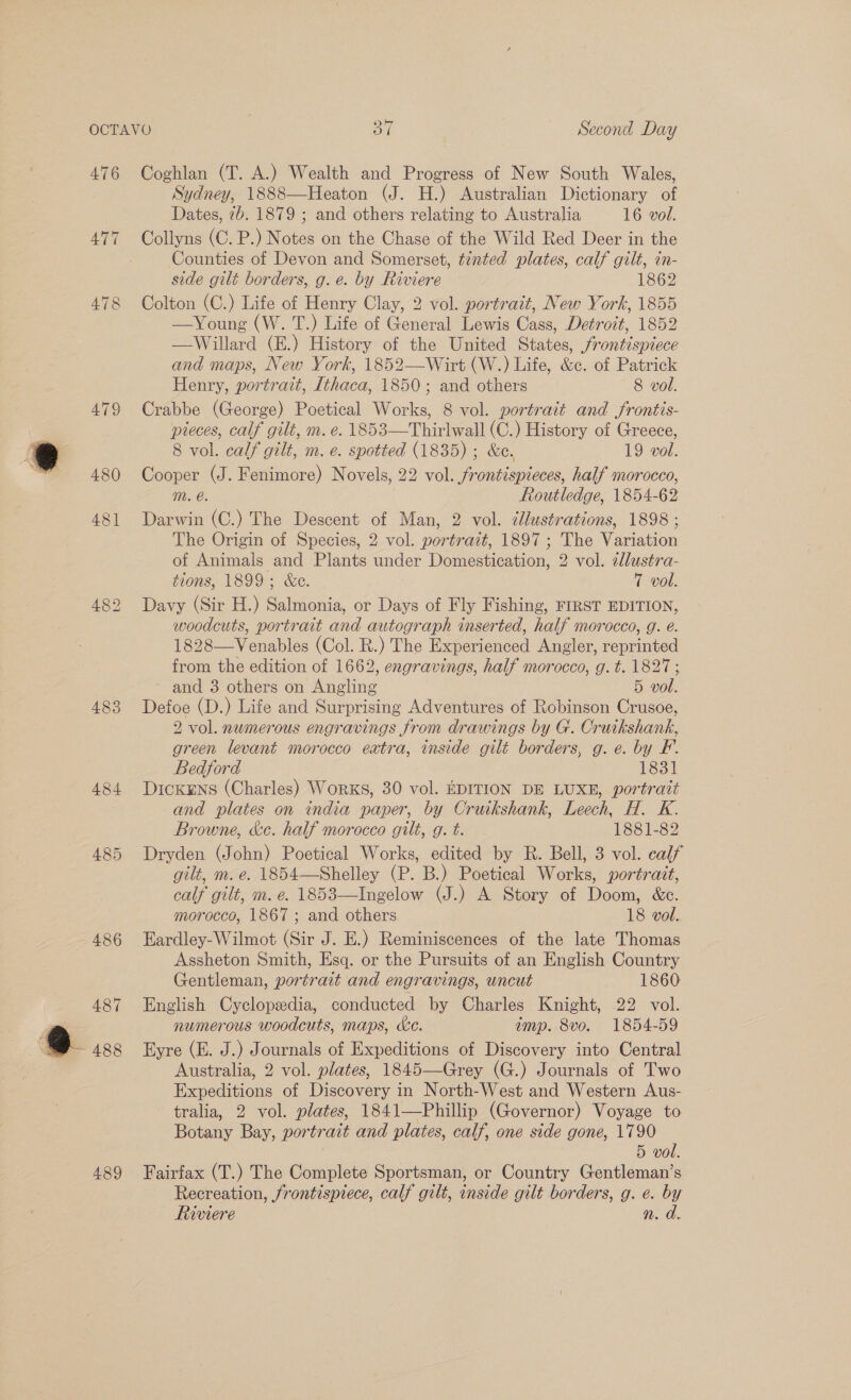 483 489 Coghlan (T. A.) Wealth and Progress of New South Wales, Sydney, 1888—Heaton (J. H.) Australian Dictionary of Dates, 7b. 1879 ; and others relating to Australia 16 vol. Counties of Devon and Somerset, tinted plates, calf gilt, in- side gilt borders, g. e. by Riviere 1862 Colton (C.) Life of Henry Clay, 2 vol. portrait, New York, 1855 —Young (W. T.) Life of General Lewis Cass, Detroit, 1852 —Willard (E.) History of the United States, frontispiece and maps, New York, 1852—Wirt (W.) Life, &amp;c. of Patrick Henry, portrait, Ithaca, 1850; and others 8 vol. Crabbe (George) Poetical Works, 8 vol. portrait and frontis- pteces, calf gilt, m. e. 1853—Thirlwall (C.) History of Greece, 8 vol. calf gilt, m. e. spotted (1835) ; &amp;e. 19 vol. Cooper (J. Fenimore) Novels, 22 vol. frontispieces, half morocco, mM. e. Routledge, 1854-62 Darwin (C.) The Descent of Man, 2 vol. dlustrations, 1898 ; The Origin of Species, 2 vol. portrazt, 1897; The Variation of Animals and Plants under Domestication, 2 vol. ellustra- tions, 1899; &amp;e. T vol. Davy (Sir H.) Salmonia, or Days of Fly Fishing, FIRST EDITION, woodcuts, portrait and autograph inserted, half morocco, g. eé. 1828—Venables (Col. R.) The Experienced Angler, reprinted from the edition of 1662, engravings, half morocco, g. t. 1827; and. 3 others on Angling 5 vol. Defoe (D.) Life and Surprising Adventures of Robinson Crusoe, 2 vol. nwmerous engravings from drawings by G. Cruikshank, green levant morocco eatra, imside gilt borders, g. e. by F. Bedford 1831 DIcKENS (Charles) Works, 30 vol. EDITION DE LUXE, portrait and plates on india paper, by Cruikshank, Leech, H. K. Browne, &amp;c. half morocco gilt, g.t. . 1881-82 Dryden (John) Poetical Works, edited by R. Bell, 3 vol. calf gilt, m. e. 1854—Shelley (P. B.) Poetical Works, portrait, calf gilt, m. e. 1853—Ingelow (J.) A Story of Doom, &amp;c. morocco, 1867 ; and others 18 vol. Eardley-Wilmot (Sir J. E.) Reminiscences of the late Thomas Assheton Smith, Esq. or the Pursuits of an English Country Gentleman, portrait and engravings, uncut 1860 English Cyclopedia, conducted by Charles Knight, 22 vol. numerous woodcuts, maps, Ke. emp. 8vo. 1854-59 Eyre (E. J.) Journals of Expeditions of Discovery into Central Australia, 2 vol. plates, 1845—Grey (G.) Journals of Two Expeditions of Discovery in North-West and Western Aus- tralia, 2 vol. plates, 1841—Phillip (Governor) Voyage to Botany Bay, portrait and plates, calf, one side gone, 1790 5 vol. Fairfax (T.) The Complete Sportsman, or Country Gentleman’s Recreation, frontispiece, calf gilt, inside gilt borders, g. e. by hiviere n. a.