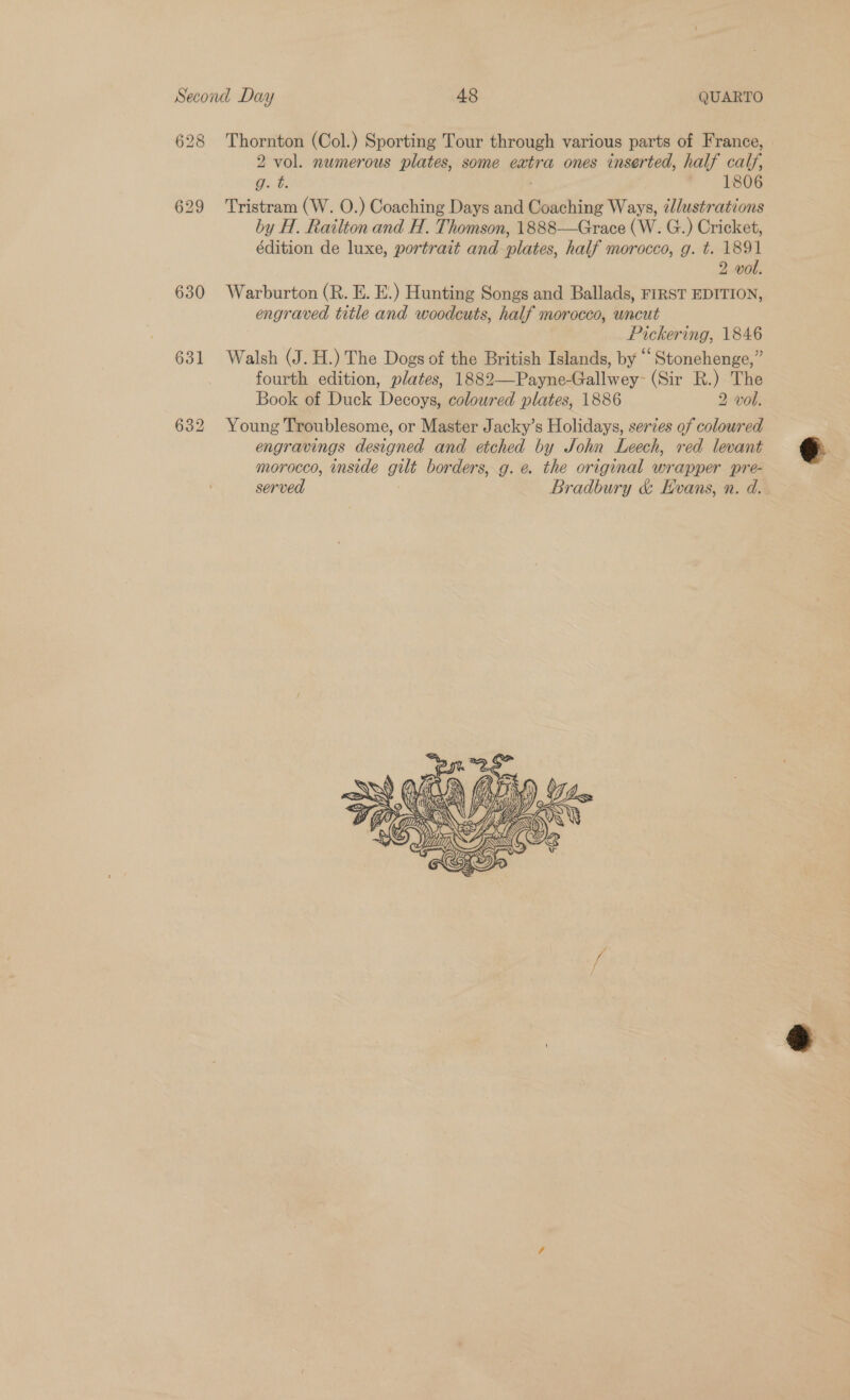 628 Thornton (Col.) Sporting Tour through various parts of France, 2 vol. numerous plates, some extra ones inserted, half calf, g. t. 1806 Tristram (W. O.) Coaching Days and Coaching Ways, é/lustrations by H. Railton and H. Thomson, 1888—Grace (W. G.) Cricket, édition de luxe, portrait and plates, half morocco, g. t. 1891 2 vol. Warburton (R. E. E.) Hunting Songs and Ballads, FIRST EDITION, engraved title and woodcuts, half morocco, uncut Pickering, 1846 Walsh (J. H.) The Dogs of the British Islands, by ‘“ Stonehenge,” fourth edition, plates, 1882—Payne-Gallwey- (Sir R.) The Book of Duck Decoys, coloured plates, 1886 2 vol. Young Troublesome, or Master Jacky’s Holidays, series of coloured engravings designed and etched by John Leech, red levant morocco, inside gilt borders, g. e. the original wrapper pre- served | Bradbury &amp; Evans, n. d.       ‘ ©, CER aa Yh CSRS Ds ~ (END 2 Sl