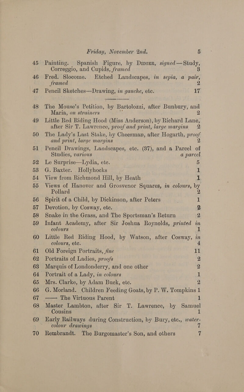 45 46 AT 48 49 50 51 52 58 54 55 56 BT 58 59 60 61 62 63 64 66 67 68 Friday, November 2nd. 5: Painting. Spanish Figure, by Drprsr, signed — Study, Correggio, and Cupids, framed 3 Fred. Slocome. Etched Landscapes, in sepia, a pair, framed 2, Pencil H HIE teense, in gauche, ete. 17.  The Mouse’s Petition, by Bartolozzi, after oe ie Maria, on strainers Little Red Riding Hood (Miss Anderson), by Richard oe after Sir T. Lawrence, proof and print, large margins 2 The Lady’s Last Stake, by Cheesman, after Hogarth, pr ef and print, large margins Pencil Drawings, Landscapes, etc. (87), and a Parcel : Studies, various a parcel. Le Surprise—Lydia, etc. 5 G. Baxter. _ Hollyhocks i View from Richmond Hill, by Heath a Views of Hanover and Grosvenor Squares, in colours, by Pollard 2 Spirit of a Child, by Dickinson, after Peters 1 Devotion, by Cosway, etc. 2 Snake in the Grass, and The Sportsman’s Return — 2 Infant Academy, after Sir Joshua Roynolds, printed wn colours 1 Little Red Riding Hee by Watson, after Cosway, in colours, ete. 4  Old Foreign Portraits, jine 11 Portraits of Ladies, proofs | 2 Marquis of Londonderry, and one other 2 Portrait of a Lady, in colowrs ni ‘Mrs. Clarke, by Adam Buck, etc. 2, G. Morland. Children Feeding Goats, by P. W. Tompkins 1 The Virtuous Parent 1 Master Lambton, after Sir T. Lawrence, by Samuel Cousins 1 Harly Railways during Construction, by Bury, etc., water- colour drawings 7