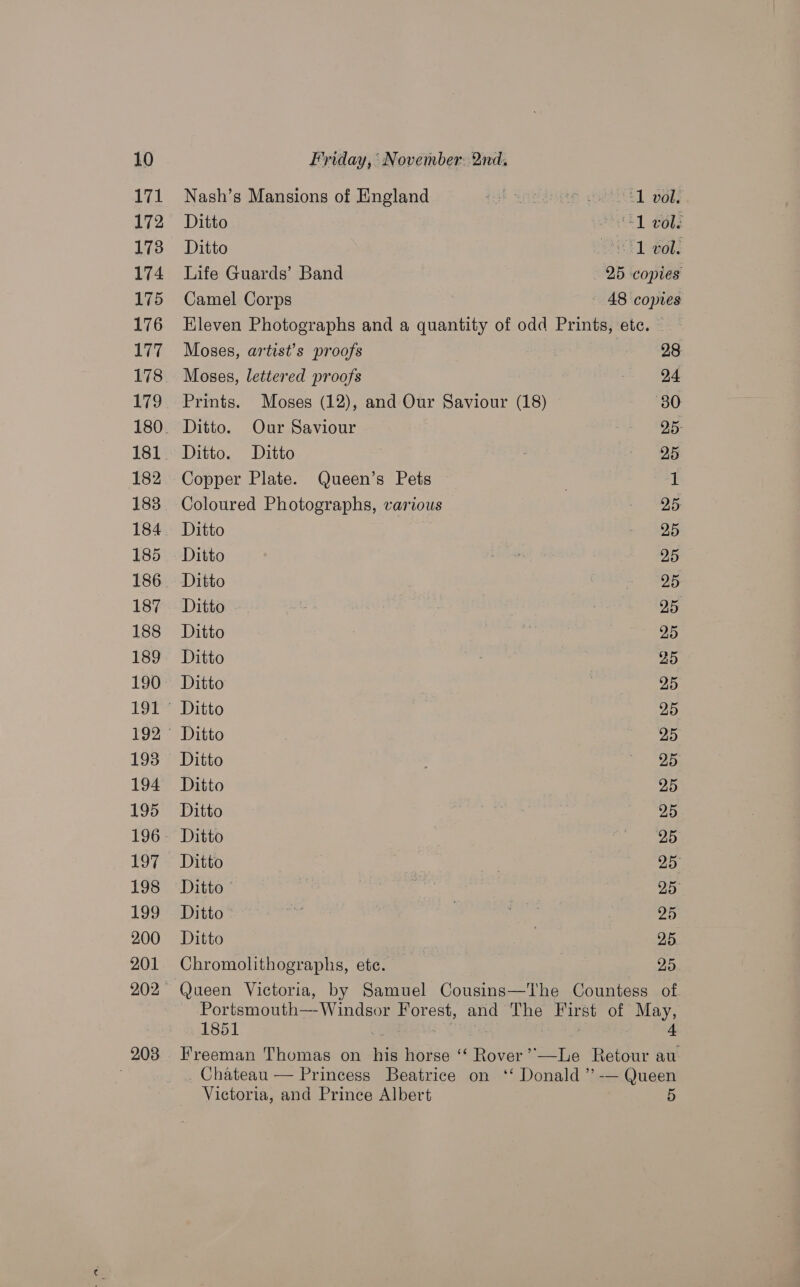 171 172 173 174 175 176 sy 178 181 182 183 184 185 186 187 188 189 190 193 194 195 196 198 199 200 201 203 Nash’s Mansions of England tot Gaede coeectl ad; Ditto | SL ele Ditto OHEEL ook: Life Guards’ Band 25 copies Camel Corps 48 copies Eleven Photographs and a quantity of odd Prints, etc. ~ Moses, artist’s proofs | 28 Moses, lettered proofs 24 Prints. Moses (12), and Our Saviour (18) 80 Ditto. Our Saviour 25° Ditto. Ditto . 25 Copper Plate. Queen’s Pets 1 Coloured Photographs, various PPh ts: Ditto tags Ditto hoe 25 Ditto S28 Ditto - a : 25 Ditto ~ 25 Ditto — 25 Ditto 25 Ditto 25 Ditto 25 Ditto | ; &gt;. Oy Ditto 25 Ditto | | 25 Ditto Laas Ditto 25° Ditto 25° Ditto as | it 25 Ditto | 25 Chromolithographs, ete. 25 Queen Victoria, by Samuel Cousins—The Countess of Portsmouth—-Windsor Forest, and The First of May, 1851 ay i | 4 Freeman Thomas on his horse ‘“‘ Rover’ —Le Retour au Chateau — Princess Beatrice on ‘‘ Donald ”’ -— Queen Victoria, and Prince Albert 5