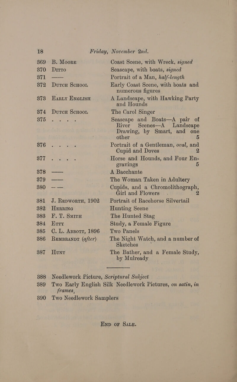 369 370 371 372 373 374 375 376 377 378 379 380 381 382 383 384 385 386 387 388 389 390 B. Moore Ditto Dutcu ScHoon Earuy Enews DutcH ScHoon J. RepwortH, 1902 HERRING F. T. Suir Erry C. L. Assort, 1896 REMBRANDT (after) Hunt  Coast Scene, with Wreck, signed Seascape, with boats, signed Portrait of a Man, half-length Early Coast Scene, with boats and numerous figures A Landscape, with Hawking Party and Hounds The Carol Singer Seascape and Boats—A pair of River Scenes—A Landscape Drawing, by Smart, and one other 5 Portrait of a Gentleman, oval, and Cupid and Doves 2 Horse and Hounds, and Four En- gravings 5 A Bacchante The Woman Taken in Adultery Cupids, and a Chromolithograph, Girl and Flowers 2 Portrait of Racehorse Silvertail Hunting Scene The Hunted Stag Study, a Female Figure Two Panels The Night Watch, and a number of Sketches The Bather, and a Female Study, by Mulready frames,