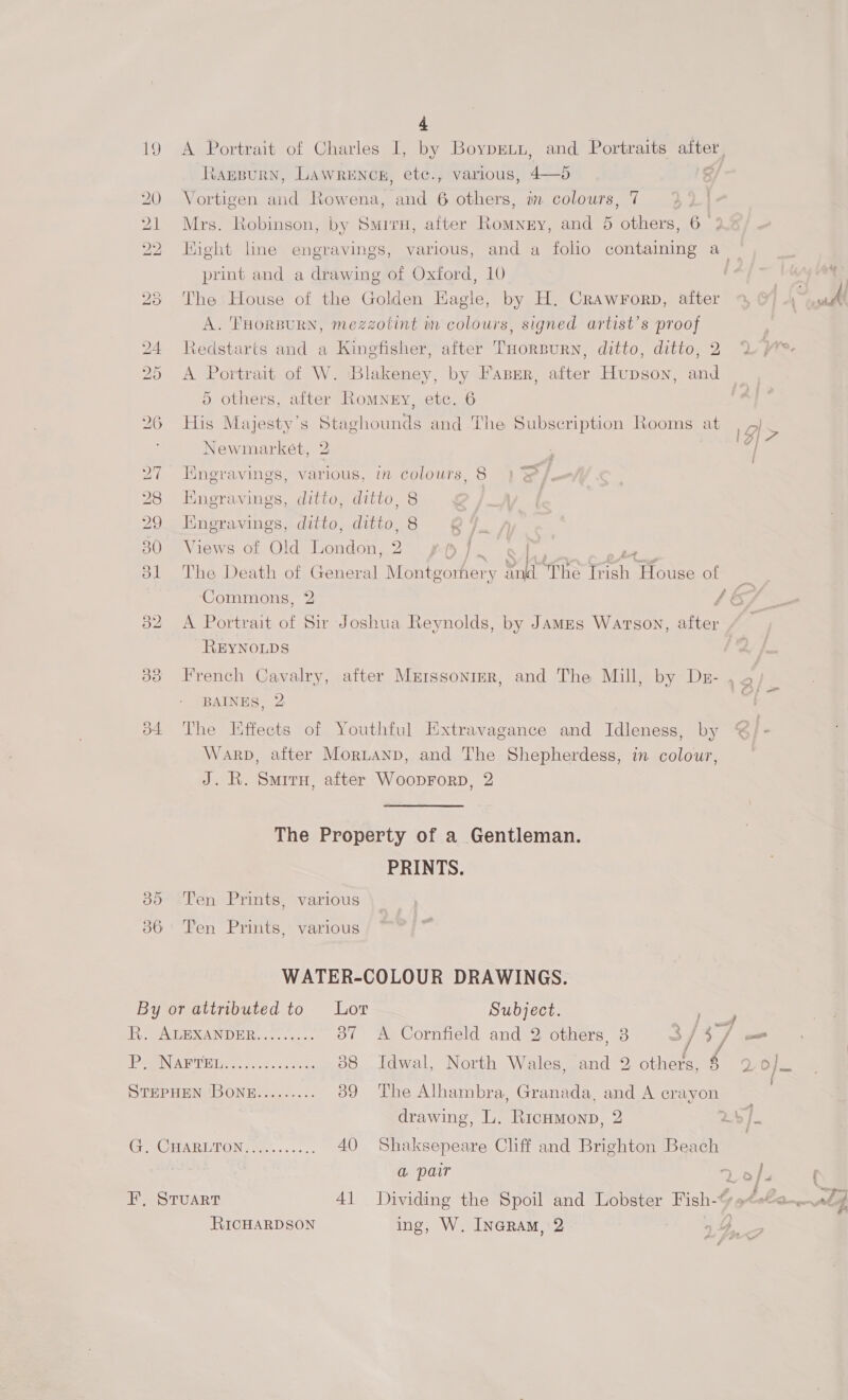 in colours, 8 ) ef. Commons, 2 - REYNOLDS 88 French Cavalry, BAINES, 2 PRINTS. By or attributed to Re SATERARD ER. 5.1.5, i aey | NENW ot ocr ee STEPHEN /BONR......... Gy =OHARUTON::- ........ F, STUART RICHARDSON Lot OT 38 39 40 41 Subject. hates Idwal, North Wales, and 2 others, 8 The Alhambra, Granada, and A crayon drawing, L. Ricumonp, 2 Shaksepeare Cliff and Brighton Beach a pair ing, W. Inaram, 2