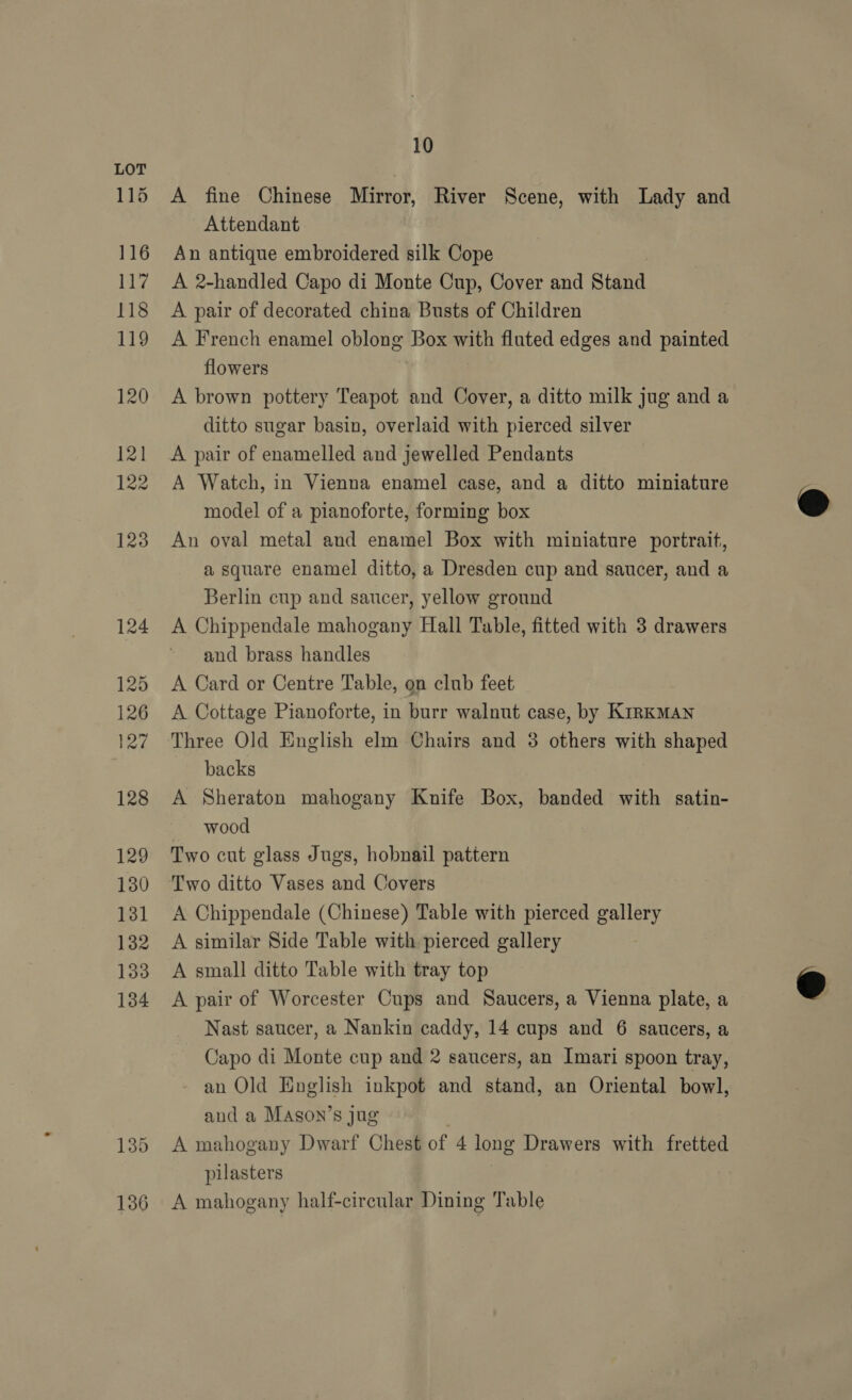 A fine Chinese Mirror, River Scene, with Lady and Attendant An antique embroidered silk Cope A 2-handled Capo di Monte Cup, Cover and Stand A pair of decorated china Busts of Children A French enamel oblong Box with fluted edges and painted flowers A brown pottery Teapot and Cover, a ditto milk jug and a ditto sugar basin, overlaid with pierced silver A pair of enamelled and jewelled Pendants A Watch, in Vienna enamel case, and a ditto miniature model of a pianoforte, forming box An oval metal and enamel Box with miniature portrait, a square enamel ditto, a Dresden cup and saucer, and a Berlin cup and saucer, yellow ground A Chippendale mahogany Hall Table, fitted with 3 drawers and brass handles A Card or Centre Table, on club feet A Cottage Pianoforte, in burr walnut case, by KtrKMAN Three Old English elm Chairs and 3 others with shaped backs A Sheraton mahogany Knife Box, banded with satin- wood Two cut glass Jugs, hobnail pattern Two ditto Vases and Covers A Chippendale (Chinese) Table with pierced gallery A similar Side Table with pierced gallery A small ditto Table with tray top A pair of Worcester Cups and Saucers, a Vienna plate, a Nast saucer, a Nankin caddy, 14 cups and 6 saucers, a Capo di Monte cup and 2 saucers, an Imari spoon tray, an Old English inkpot and stand, an Oriental bowl, and a Mason’s jug A mahogany Dwarf Chest of 4 long Drawers with fretted pilasters A mahogany half-circular Dining Table