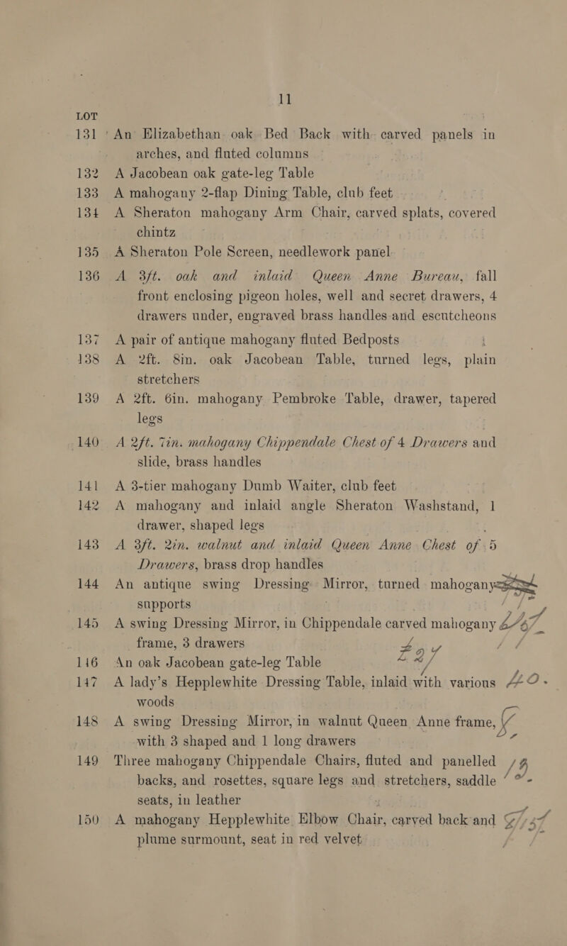 131 ‘An Elizabethan. oak Bed Back with carved panels in arches, and fluted columns 132 &lt;A Jacobean oak gate-leg Table 133. A mahogany 2-flap Dining Table, club feet 134 A Sheraton mahogany Arm Chair, carved splats, covered chintz 135 A Sheraton Pole Screen, needlework panel. 136 &lt;A 3ft. oak and inlaid Queen Anne Bureau, fall front enclosing pigeon holes, well and secret drawers, 4 drawers under, engraved brass handles-and escutcheons 137 A pair of antique mahogany fluted Bedposts | 138 A 2ft. 8m. oak Jacobean Table, turned legs, plain stretchers 7 139 A 2ft. 6in. mahogany Pembroke Table, drawer, tapered legs 7 (140 A 2ft. Tin. mahogany Chippendale Chest of 4 Drawers and slide, brass handles 141 &lt;A 38-tier mahogany Dumb Waiter, club feet 142 A mahogany and inlaid angle Sheraton Washstand, § drawer, shaped legs 143) A 3ft. 2in. walnut and inlaid Queen Anne Chest of 6 Drawers, brass drop handles . 144 An antique swing Dressing Mirror, turned mahoganyssee supports 7 BS 145 &lt;A swing Dressing Mirror, in Gursendale carved biatonaty Aaa . frame, 3 drawers Z# 116 An oak Jacobean gate-leg Table — 27 147 A lady’s Hepplewhite Dressing Table, inlaid ith various 4-9 on / woods 148 A swing Dressing Mirror,in walnut Queen Anne frame, with 3 shaped and 1 long drawers 4 149 Three mahogany Chippendale Chairs, fluted and panelled / 4 backs, and rosettes, square legs and ye a saddle ’ ”- seats, in leather 150 A mahogany Hepplewhite Elbow one carved back and &amp; ad | plume surmount, seat in red velvet af