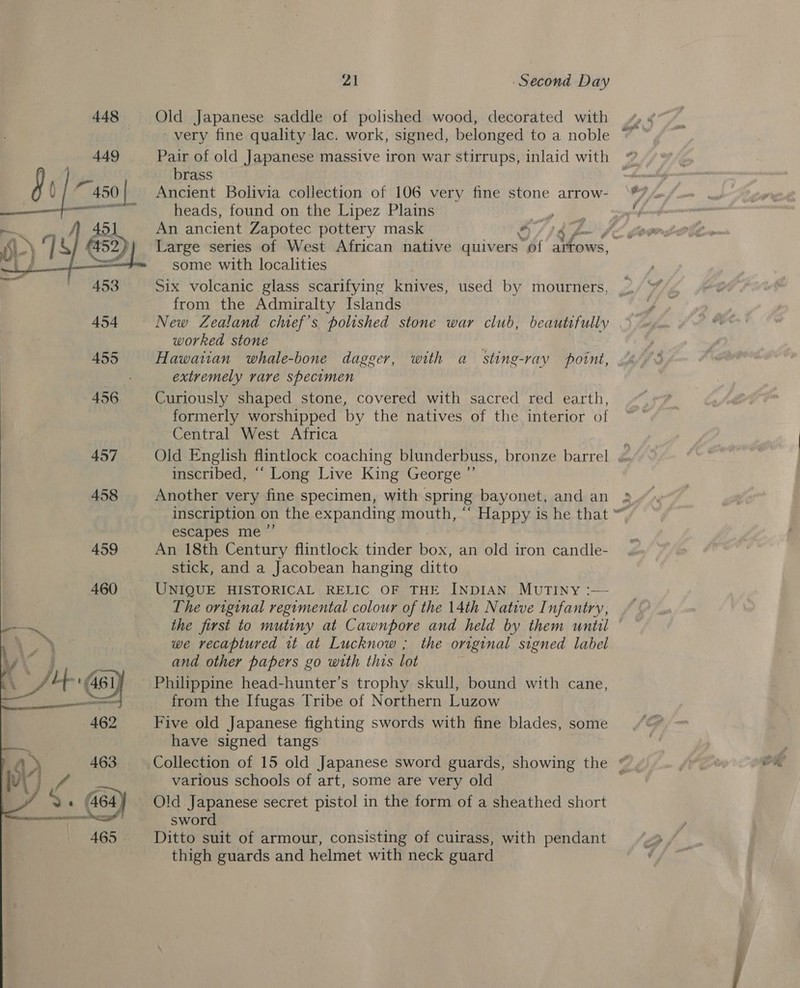    21 “Second Day Old Japanese saddle of polished wood, decorated with - very fine quality lac. work, signed, belonged to a noble brass Ancient Bolivia collection of 106 very fine stone arrow- heads, found on the Lipez Plains ye An ancient Zapotec pottery mask coi some with localities Six volcanic glass scarifying knives, used by mourners, from the Admiralty Islands New Zealand chief's polished stone war club, beautifully worked stone Hawatian whale-bone dagger, with a_ sting-ray point, extremely vare specimen Curiously shaped stone, covered with sacred red earth, formerly worshipped by the natives. of the interior of Central West Africa +, inscribed, ““ Long Live King George Another very fine specimen, with spring bayonet, and an escapes me ”’ An 18th Century flintlock tinder box, an old iron candle- stick, and a Jacobean hanging ditto UNIQUE HISTORICAL RELIC OF THE INDIAN MUTINY :-— The original regimental colour of the 14th Native Infantry, we recaptured it at Lucknow ; the original signed label and other papers go with this lot Philippine head-hunter’s trophy skull, bound with cane, from the Ifugas Tribe of Northern Luzow Five old Japanese fighting swords with fine blades, some have signed tangs various schools of art, some are very old sword Ditto suit of armour, consisting of cuirass, with pendant thigh guards and helmet with neck guard 4