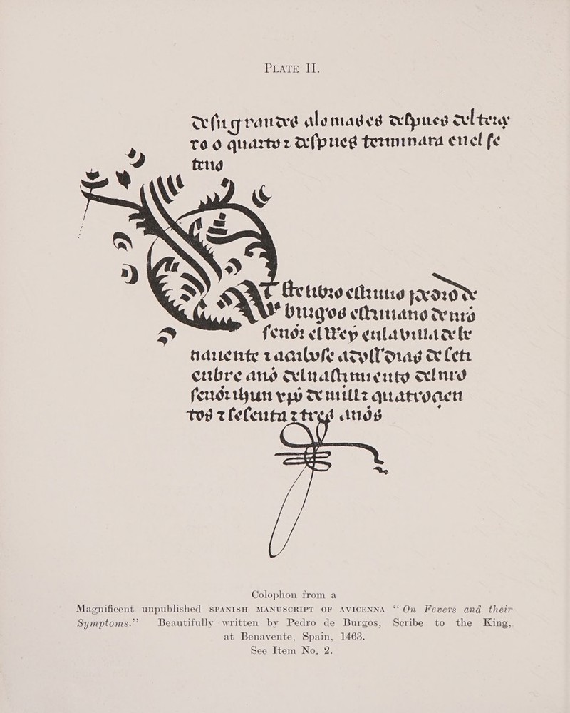 PLATESLs x (it granwe alomages ahpnes oltew TO.0 Quarty: Afpreg terminara ene fe frig % “Nu         : sy : te Ord eller jew ; Vigoss chiang Wr fetid: cLiYey culavrilaaly narenty cacilvle advo &amp; Cet eubre ang Klndhhanenty and ferrdr yuan yyy TV illz Quatvoacn tos rleCenta rtres ids ») 4 Colophon from a Magnificent unpublished SPANISH MANUSCRIPT OF AVICENNA ‘‘ On Fevers and their Symptoms.” Beautifully written by Pedro de Burgos, Scribe to the King, at Benavente, Spain, 1463.