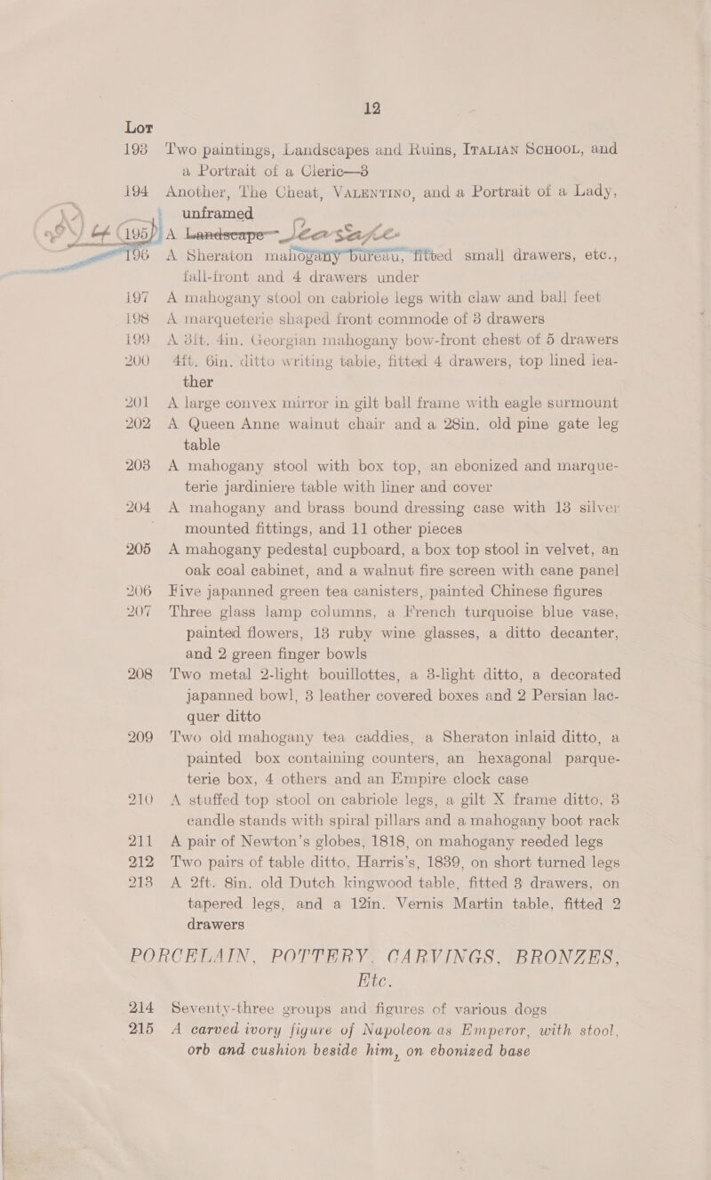 Lor 193 ‘Two paintings, Landscapes and Ruins, IraLian SCHOOL, and a Portrait of a Clieric—3d i94 Another, ‘The Cheat, VaLenrino, and a Portrait of a Lady, _} unframed  fall-front and 4 drawers under 197 A mahogany stool on cabriole legs with claw and bali feet i98 &lt;A marqueterie shaped front commode of 8 drawers i99 A 38it. 4in. Georgian mahogany bow-front chest of 5 drawers 200 4ft. 6in. ditto writing table, fitted 4 drawers, top lined lea- ther : 201 A large convex mirror in gilt ball frame with eagle surmount 202 A Queen Anne wainut chair and a 28in. old pine gate leg table 203. A mahogany stool with box top, an ebonized and marque- terie jardiniere table with liner and cover 204 A mahogany and brass bound dressing case with 13 silver | . mounted fittings, and 11 other pieces 205 A mahogany pedestal cupboard, a box top stool in velvet, an oak coal cabinet, and a walnut fire screen with cane panel 206 Five japanned green tea canisters, painted Chinese figures 207 Three glass lamp columns, a French turquoise blue vase, painted flowers, 18 ruby wine glasses, a ditto decanter, and 2 green finger bowls 208 Two metal 2-light bouillottes, a 8-light ditto, a decorated japanned bowl, 3 leather covered boxes and 2 Persian lac- quer ditto 209 Two old mahogany tea caddies, a Sheraton inlaid ditto, a painted box containing counters, an hexagonal parque- terie box, 4 others and an Empire clock case 210 &lt;A stuffed top stool on cabriole legs, a gilt X frame ditto, 8 candle stands with spiral pillars and a mahogany boot rack 211 A pair of Newton’s globes, 1818, on mahogany reeded legs 212 Two pairs of table ditto, Harris’s, 1839, on short turned legs 218 A 2ft. 8in. old Dutch kingwood table, fitted 8 drawers, on tapered legs, and a 12in. Vernis Martin table, fitted 2 | | drawers | PORCELAIN, POTTERY, CARVINGS, BRONZES, Ete. 214 Seventy-three groups and figures of various dogs 215 &lt;A carved ivory figuie of Napoleon as Emperor, with stool, ! : orb and cushion beside him, on ebonized base  