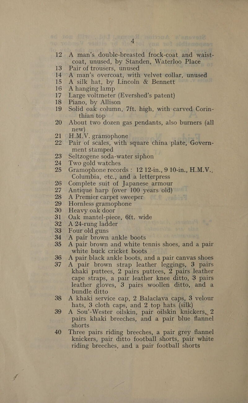 12 13 14 15 16 17 18 12 20 21 22 23 24 29 26 27 28 29 30 31 32 33 34 35 36 37 38 39 40 4 A man’s double-breasted frock-coat and waist- coat, unused, by Standen, Waterloo Place Pair of trousers, unused A man’s overcoat, with velvet collar, unused A silk hat, by Lincoln &amp; Bennett A hanging lamp Large voltmeter (Evershed’s patent) Piano, by Allison Solid oak column, 7ft. high, with carved Corin- thian top About two dozen gas pendants, also burners (all new) H.M.V. gramophone Pair of scales, with square china plate, Govern- ment stamped Seltzogene soda-water siphon Two gold watches Gramophone records: 12 12-in., 9 10-in., H.M.V., Columbia, etc., and a letterpress Complete suit of Japanese armour Antique harp (over 100 years old) A Premier carpet sweeper Hornless gramophone Heavy oak door Oak mantel-piece, 6ft. wide A 24-rung ladder Four old guns A pair brown ankle boots A pair brown and white tennis shoes, and a pair white buck cricket boots A pair black ankle boots, and a pair canvas shoes A pair brown strap leather leggings, 3 pairs khaki puttees, 2 pairs puttees, 2 pairs leather cape straps, a pair leather knee ditto, 3 pairs leather gloves, 3 pairs woollen ditto, and a bundle ditto A khaki service cap, 2 Balaclava caps, 3 velour hats, 3 cloth caps, and 2 top hats (silk) A Sou’-Wester oilskin, pair oilskin knickers, 2 pairs khaki breeches, and a pair blue flannel shorts Three pairs riding breeches, a pair grey flannel knickers, pair ditto football shorts, pair white riding breeches, and a pair football shorts