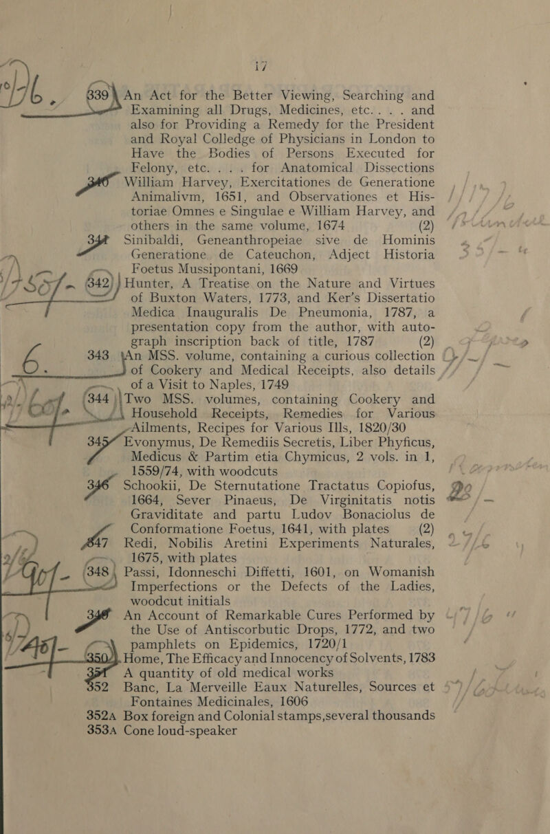 ¥ ae 339 | An Act for the Better SAG, Searching and Examining all Drugs, Medicines, etc... . and also for Providing a Remedy for the President and Royal Colledge of Physicians in London to Have the Bodies of Persons Executed for Felony, etc. . . . for Anatomical Dissections William Harvey, Exercitationes de Generatione Animalivm, 1651, and Observationes et His- toriae Omnes e Singulae e William Harvey, and others in the same volume, 1674 (2) 3 Sinibaldi, Geneanthropeiae sive de Hominis - Generatione. de Cateuchon, Adject Historia /\ m= eo~,, Foetus Mussipontani, 1669 es (342) Hunter, A Treatise on the Nature and Virtues of Buxton Waters, 1773, and Ker’s Dissertatio Medica Inauguralis De Pneumonia, 1787, a presentation copy from the author, with auto- graph inscription back of title, 1787 (2)     of Cookery and Medical Receipts, also details ., of a Visit to Naples, 1749 cy Two MSS. volumes, containing Cookery and Household Receipts, Remedies for Various ~_Ailments, Recipes for Various Ills, 1820/30 345” Evonymus, De Remediis Secretis, Liber Phyficus, Medicus &amp; Partim etia Chymicus, 2 vols. in 1, 1559/74, with woodcuts 3 Schookii, De Sternutatione Tractatus Copiofus, 1664, Sever Pinaeus, De Virginitatis notis Graviditate and partu Ludov Bonaciolus de Conformatione Foetus, 1641, with plates (2) yA Redi, Nobilis Aretini Experiments Naturales, --~» 1675, with plates 348, Passi, Idonneschi Diffetti, 1601, on Womanish Imperfections or the Defects of the Ladies, woodcut initials An Account of Remarkable Cures Performed by the Use of Antiscorbutic Drops, 1772, and two pamphlets on Epidemics, 1720/1 Home, The Efficacy and Innocency of Solvents, 1783 A quantity of old medical works 52 Banc, La Merveille Eaux Naturelles, Sources et Fontaines Medicinales, 1606 3524 Box foreign and Colonial stamps,several thousands 353A Cone loud-speaker