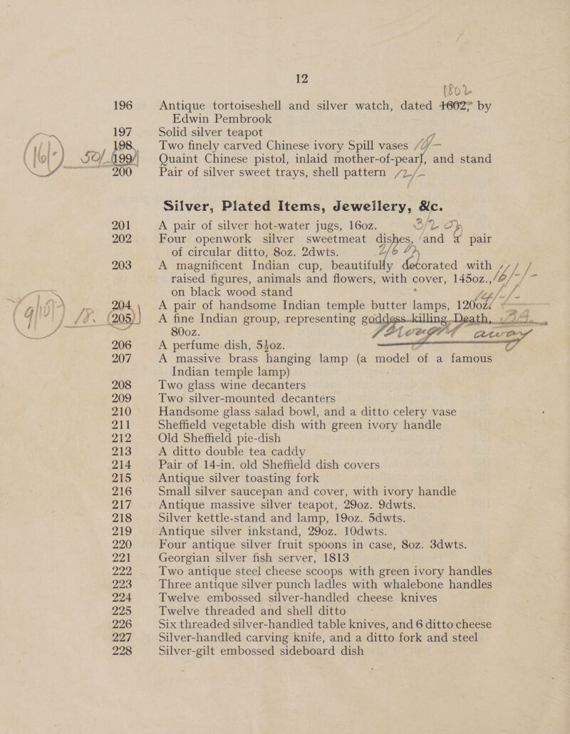 a °) Ls 196 Antique tortoiseshell and silver aoe dated 4602 by Edwin Pembrook 197 Solid silver teapot Two finely carved Chinese ivory Spill vases / Wf - \~ See 200 Pair of silver sweet trays, shell pattern /L/- Silver, Plated Items, Jewellery, &amp;c. 201 A pair of silver hot-water jugs, 160oz. OP op 202 Four openwork silver sweetmeat Wee fand &amp; pair of circular ditto, 80z. 2dwts. fore 203 A magnificent Indian cup, beautifully ee with “/ lt i raised figures, animals and flowers, with cover, 1450z., on black wood stand V4, f. / pon\ A pair of handsome Indian temple butter ae 1200z/ *   (205); A fine Indian group, representing goddes ret 80o0z. 206 A perfume dish, 5402. 207 A massive brass hanging lamp (a vabacls of a famous Indian temple lamp) : 208 Two glass wine decanters 209 Two silver-mounted decanters | | 210 Handsome glass salad bowl, and a ditto celery vase 211 Sheffield vegetable dish with green ivory handle 212 Old Sheffield pie-dish 213 A ditto double tea caddy 214 Pair of 14-in. old Sheffield dish covers 219 Antique silver toasting fork | 216 Small silver saucepan and cover, with ivory handle 217 Antique massive silver teapot, 290z. 9dwts. 218 Silver kettle-stand and lamp, 190z. 5dwts. 219 Antique silver inkstand, 290z. 10dwts. 220 Four antique silver fruit spoons in case, 80z. 3dwts. 221 Georgian silver fish server, 1813 222, Two antique steel cheese scoops with green ivory handles 223 Three antique silver punch ladles with whalebone handles 224 Twelve embossed silver-handled cheese knives 225 Twelve threaded and shell ditto 226 Six threaded silver-handled table knives, and 6 ditto cheese 227 Silver-handled carving knife, and a ditto fork and steel 228 Silver-gilt embossed sideboard dish