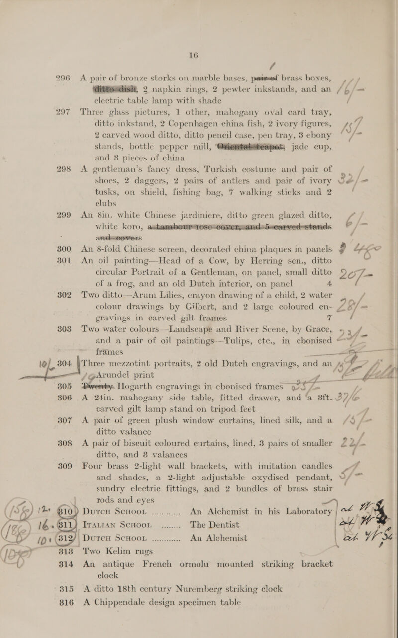 / 296 A pair of bronze storks on marble bases, pewmef brass boxes, 7, (G@itteedish, 2 napkin rings, 2 pewter inkstands, and an / § /— electric table lamp with shade / 297 Three glass pictures, 1 other, mahogany oval card tray, ditto inkstand, 2 Copenhagen china fish, 2 ivory figures, ¢“/ 2 carved wood ditto, ditto peo case, pou tray, Bebony ‘*/- stands, bottle pepper mill, @itkemeree ait, and 3 pieces of china 298 A gentleman’s fancy dress, Turkish costume and pair of | shoes, 2 daggers, 2 pairs of antlers and pair of ivory 32/- tusks, on shield, fishing bag, 7 walking sticks and 2    clubs 299 An 8in. white Chinese e ditto f+ Sal glazed ditto, /, white koro, astanabeursrosexcomernsands5eearved-stands © /~ and-—covers ; 300 An 8-fold Chinese screen, decorated china plaques in panels. ? od 301 An oil painting—Head of a Cow, by Herring sen., ditto circular Portrait of a Gentleman, on panel, small ditto 9 &lt;&lt; of a frog, and an old Dutch interior, on panel 4 302 Two ditto—Arum Lilies, crayon drawing of a child, 2 water colour drawings by Gilbert, and 2 large coloured en- “4 7 &amp; 7 ~ gravings in carved gilt frames 7 ( 303 ‘Two water colours—Landscape and River Scene, by Grace, » af, x and a pair of oil paintings---Tulips, ete., in ebonised © ‘ frames Ey | 1@/ 304 | Three mezzotint portraits, 2 old Dutch engravings, and an, AS¢ | we: nas! @Arundel print ft Elz CMe.  305 fn ee Hogarth engravings in ebonised frames wS/ Ja / 306 A 24in. mahogany side table, fitted drawer, and ‘a 8ft. 3 Ye carved gilt lamp stand on tripod feet q 307 &lt;A pair of green plush window curtains, lined silk, and a (4 fo ditto valance 308 A pair of biscuit coloured curtains, lined, 3 pairs of smaller ayn ditto, and 8 valances , 309 Four brass 2-light wall brackets, with imitation candles. and shades, a 2-light adjustable oxydised pendant, S/- sundry electric fittings, and 2 bundles of brass stair ~  | rods and eyes ~) 10) Durcu Scuoot. ............ An Alchemist in his Laboratory | at &lt;A, , Vad) Sratian ScHooL _,...... The Dentist | at. WwW ry U | Durcu ScHOoL ............ An Alchemist | BL Yh St f [om 313 Two Kelim rugs — 314 An antique French ormolu mounted striking bracket clock 315 A ditto 18th century Nuremberg striking clock 816 &lt;A Chippendale design specimen table 