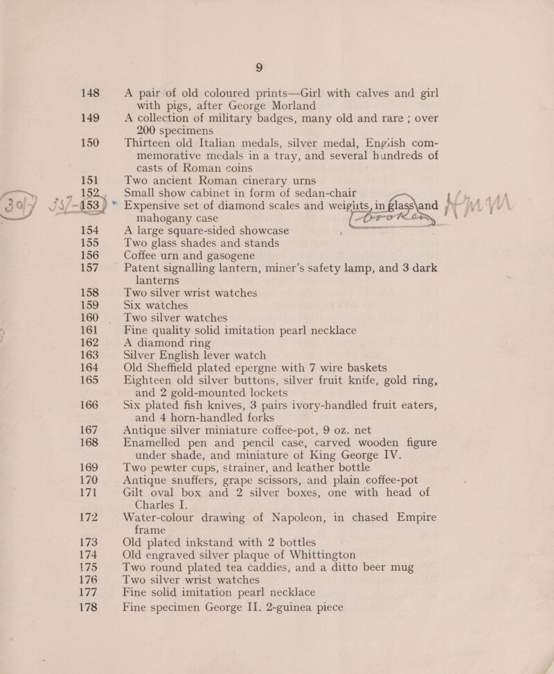 148 149 150 151 7-453) . 154 155 156 157 158 159 160 161 162 163 164 165 166 168 169 170 171 172 173 174 175 176 177 178 9 A pair of old coloured prints—Girl with calves and girl with pigs, after George Morland A collection of military badges, many old and rare ; over 200 specimens Thirteen old Italian medals, silver medal, Engiish com- memorative medals in a tray, and several hundreds of casts of Roman coins Two ancient Roman cinerary urns Small show cabinet in form of sedan-chair ~ Expensive set of diamond scales and weiglits, in abies and mahogany case (Ore TCL A large square-sided showcase jaero oe Two glass shades and stands Coffee urn and gasogene lanterns Two silver wrist watches Six watches Two silver watches Fine quality solid imitation pearl necklace A diamond ring Silver English lever watch Old Sheffield plated epergne with 7 wire baskets Eighteen old silver buttons, silver fruit knife, gold ring, and 2 gold-mounted lockets Six plated fish knives, 3 pairs ivory-handled fruit eaters, and 4 horn-handled forks | Enamelled pen and pencil case, carved wooden figure under shade, and miniature of King George IV. Two pewter cups, strainer, and leather bottle Antique snuffers, grape scissors, and plain coffee-pot Gilt oval box and 2 silver boxes, one with head of Charles I. Water-colour drawing of Napoleon, in chased Empire frame Old plated inkstand with 2 bottles Old engraved silver plaque of Whittington Two round plated tea caddies, and a ditto beer mug Two silver wrist watches Fine solid imitation pearl necklace Fine specimen George II. 2-guinea piece Md