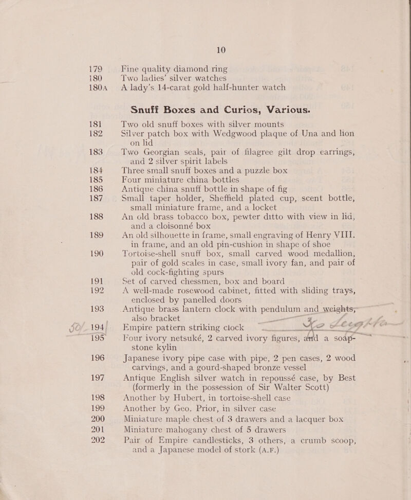 179 180 180A 18] 182 183 184 185 186 1Se 188 189 190 19] 192 193 194, 195 196 197 198 199 200 201 202 10 Fine quality diamond ring Two ladies’ silver watches A lady’s 14-carat gold half-hunter watch Snuff Boxes and Curios, Various. Two old snuff boxes with silver mounts Silver patch box with Wedgwood plaque of Una and lion on lid Two Georgian seals, pair of filagree gilt drop earrings, and 2 silver spirit labels Three small snuff boxes and a puzzle box Four miniature china bottles Antique china snuff bottle in shape of fig Small taper holder, Sheffield plated cup, scent bottle, small miniature frame, and a locket An old brass tobacco box, pewter ditto with view in lid, and a cloisonné box An old silhouette in frame, small engraving of Henry VIII. in frame, and an old pin-cushion in shape of shoe Tortoise-shell snuff box, small carved wood medallion, pair of gold scales in case, small ivory fan, and pair of old cock-fighting spurs Set of carved chessmen, box and board A well-made rosewood cabinet, fitted with sliding trays, enclosed by panelled doors also bracket ———— 4, ere searchin caine I*our ivory netsuké, 2 carved ivory figures, afd a soap stone kylin Japanese ivory pipe case with pipe, 2 pen cases, 2 wood carvings, and a gourd-shaped bronze vessel Antique English silver watch in repoussé case, by Best (formerly in the possession of Sir Walter Scott) Another by Hubert, in tortoise-shell case Another by Geo. Prior, in silver case Miniature maple chest of 3 drawers and a lacquer box Miniature mahogany chest of 5 drawers Pair of Empire candlesticks, 3 others, a crumb scoop, and a Japanese model of stork (A.F.)