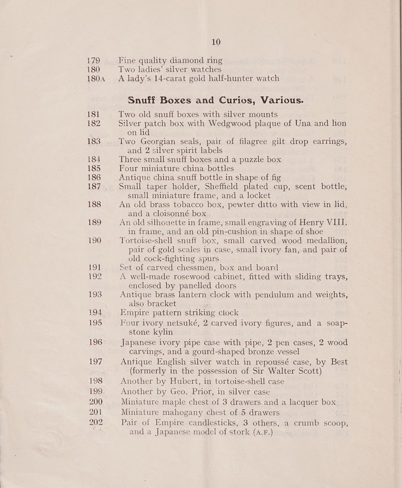 179 180 1804 181 182 183 184 185 186 187. 188 189 190 io 198 EOO 200 201 202 10 Fine quality diamond ring Two ladies’ silver watches A lady’s 14-carat gold half-hunter watch Snuff Boxes and Curios, Various. Two old snuff boxes with silver mounts Silver patch box with Wedgwood plaque of Una and lion on lid and 2 silver spirit labels Three small snuff boxes and a puzzle box Four miniature china bottles Antique china snuff bottle in shape of fig Small taper holder, Sheffield plated cup, scent bottle, small miniature frame, and a locket An old brass tobacco box, pewter ditto with view in lid, and a cloisonné box An old silhouette in frame, smail engraving of Henry VIII. in frame, and an old pin-cushion in shape of shoe TYortoise-shell snuff box, small carved wood medallion, pair of gold scales in case, small ivory fan, and pair of old cock-fighting spurs Set of carved chessmen, box and board A well-made rosewood cabinet, fitted with sliding trays, enclosed by panelled doors Antique brass lantern clock with pendulum and weights, also bracket Empire pattern striking clock l‘our ivory netsuké, 2 carved ivory figures, and a soap- stone kylin Japanese ivory pipe case with pipe, 2 pen cases, 2 wood carvings, and a gourd-shaped bronze vessel Antique English silver watch in repoussé case, by Best (formerly in the possession of Sir Walter Scott) Another by Hubert, in tortoise-shell case Another by Geo. Prior, in silver case Miniature maple chest of 3 drawers.and a lacquer box Miniature mahogany chest of 5 drawers Pair of Empire candlesticks, 3 others, a crumb scoop, and a Japanese model of stork (A.F.)