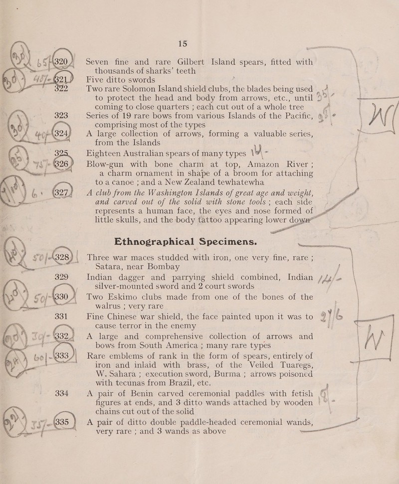   — 329 ‘ d)\  331 . . i 3% any A ota a 333 /| 334 15 Seven fine and rare Gilbert Island spears, fitted with thousands of sharks’ teeth Five ditto swords Two rare Solomon Island shield clubs, the blades being used _ .4 to protect the head and body from arrows, etc., until 2 coming to close quarters ; each cut out of a whole tree 4 | Series of 19 rare bows from various Islands of the Pacific, ®»&gt; * | } comprising most of the types &gt; A large collection of arrows, forming a valuable series, from the Islands Eighteen Australian spears of many types 4 4 } Blow-gun with bone charm at top, Amazon River ; 1 a charm ornament in shape of a broom for attaching to a canoe ; and a New Zealand tewhatewha i _A club from the Washington Islands of great age and weight, ff and carved out of the solid with stone tools; each side 7 represents a human face, the eyes and nose formed of ya little skulls, and the body tattoo appearing lower down” Ethnographical Specimens. aoe Se Three war maces studded with iron, one very fine, rare ; Satara, near Bombay Indian dagger and parrying shield combined, Indian silver-mounted sword and 2 court swords Two Eskimo clubs made from one of the bones of the walrus ; very rare Fine Chinese war shield, the face painted upon it was to cause terror in the enemy | A large and comprehensive collection of arrows and i A bows from South America; many rare types | Rare emblems of rank in the form of spears, entirely of iron and inlaid with brass, of the Veiled Tuaregs, W. Sahara ; execution sword, Burma ; arrows poisoned with tecunas from Brazil, etc. F A pair of Benin carved ceremonial paddles with fetish | figures at ends, and 3 ditto wands attached by wooden ~ * chains cut out of the solid A pair of ditto double paddle-headed ceremonial wands, al very rare ; and 3 wands as above age ay Pe j i 2 4 lédje \ . ¥ a reper