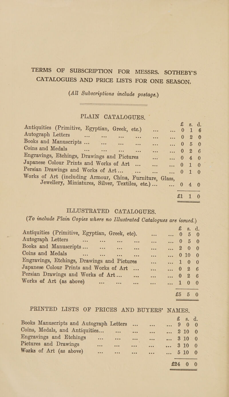 TERMS OF SUBSCRIPTION FOR MESSRS. SOTHEBY’S CATALOGUES AND PRICE LISTS FOR ONE SEASON. (All Subscriptions include postage.)    PLAIN CATALOGUES. Antiquities (Primitive, pe Greek, ied Autograph Letters ; Books and Manuscripts ... Coins and Medals Engravings, Etchings, cies oa icneen Japanese Colour Prints and Works of Art Persian Drawings and Works of Art.. Works of Art (including Armour, China: Furniture, Ginee Jewellery, Miniatures, Silver, Textiles, etc.) .. 0 4 SO COC Co om SH BP Ww ow HB SSO OKO CO Oo oe ti _— = no a =)   ILLUSTRATED CATALOGUES. (To include Plain Copies where no Illustrated Catalogues are issued.) Antiquities (Primitive, oa Greek, eH Autograph Letters = Books and Manuscripts ... Coins and Medals : i Fe Engravings, Etchings, Drawings and Pictures Japanese Colour Prints and Works of Art Persian Drawings and Works of Art... Works of Art (as above) KH OOreocowooch (en SCoWWDWTTOAM”@ DPR RODOCC Of th | on or ° PRINTED LISTS OF PRICES AND BUYERS’ NAMES. Se Samml- Books Manuscripts and Autograph Letters ... eh oe OG Coins, Medals, and Antiquities... Ane ae oe L ORO Engravings and Etchings on “Ae woe was »- 310.0 Pictures and Drawings * — es zn ee. od LOMO Works of Art (as above) 510 0 