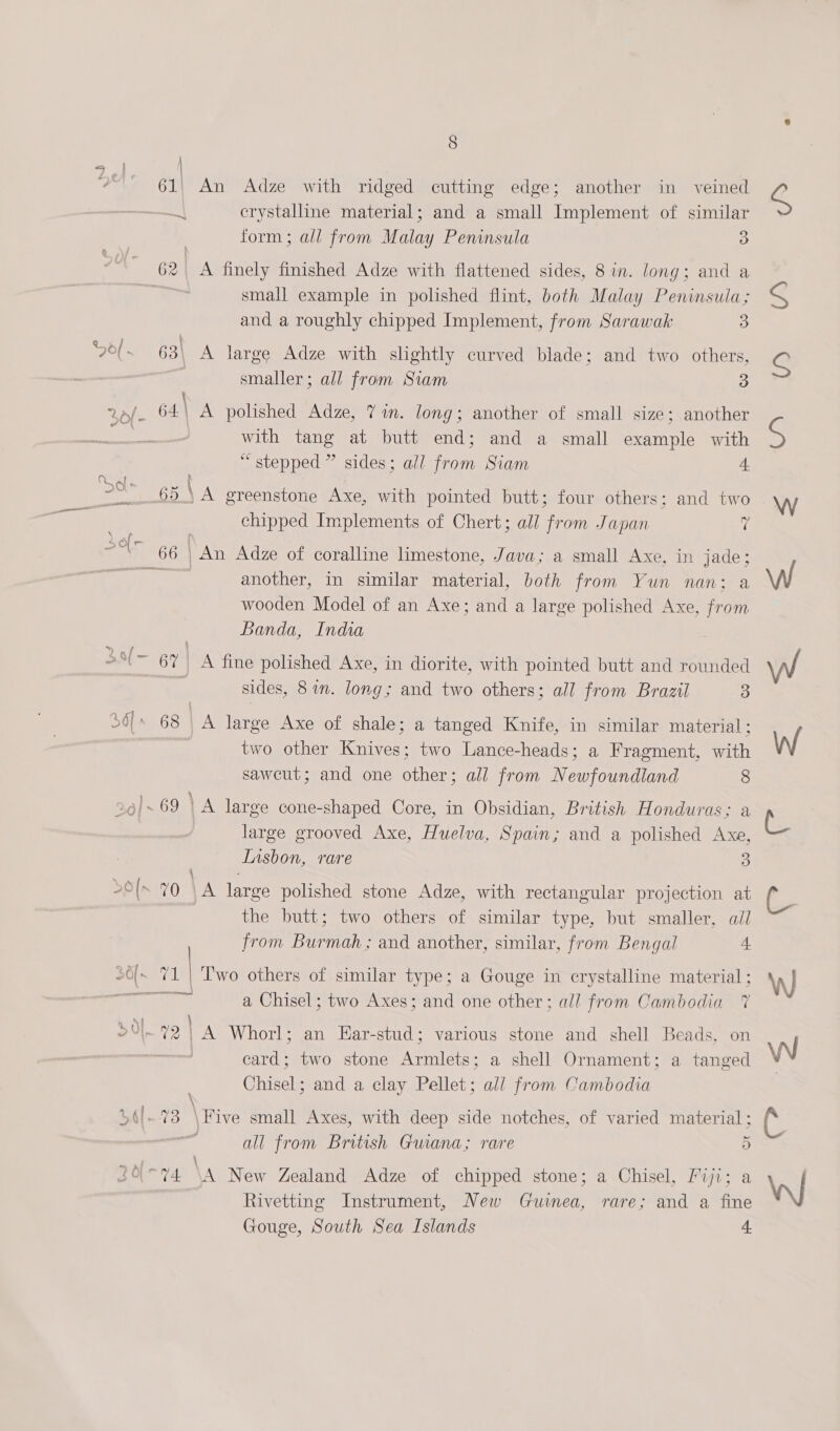 61' An Adze with ridged cutting edge; another in veined a crystalline material; and a small Implement of similar form; all from Malay Peninsula 3 small example in polished flint, both Malay Peninsula; and a roughly chipped Implement, from Sarawak 3 63) A large Adze with slightly curved blade; and two others, | smaller; all from Siam 3 64.\ A polished Adze, 7 in. long; another of small size; another with tang at butt end; and a small example with “stepped ” sides; all from Siam 4 65\A greenstone Axe, with pointed butt; four others; and two chipped Implements of Chert; all from Japan i another, in similar material, both from Yun nan: a wooden Model of an Axe; and a large polished Axe, from Banda, India 67 A fine polished Axe, in diorite, with pointed butt and rounded sides, 87m. long; and two others; all from Brazil 3 two other Knives; two Lance-heads; a Fragment, with saweut; and one other; all from Newfoundland 8 large grooved Axe, Huelva, Spain; and a polished Axe, Lisbon, rare 3 4 the butt; two others of similar type, but smaller, ail from Burmah ; and another, similar, from Bengal 4 L lou) ‘1 | ‘Two others of similar type; a Gouge in crystalline material ; a Chisel; two Axes; and one other; all from Cambodia 7 card; two stone Armlets; a shell Ornament; a tanged Chisel; and a clay Pellet; all from Cambodia all from British Guiana; rare 5 Rivetting Instrument, New Guinea, rare; and a fine Gouge, South Sea Islands 4 Re tS rea 0 ey oy &gt; te OS W VW