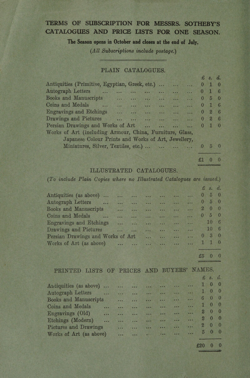 TERMS OF SUBSCRIPTION FOR MESSRS. SOTHEBY’S CATALOGUES AND PRICE LISTS FOR ONE SEASON. The Season opens in October and closes at the end of July. (All Subscriptions include postage.) : PLAIN CATALOGUES. Da andao®e BS. Antiquities (Primitive, ee Greek, ee) Ua! Autograph Letters ss 0-4 Books and Manuscripts 0 6 Coins and Medals e Od Hngravings and Htchings Oe Drawings and Pictures 0) 2 Persian Drawings and Works of ae QO J Works of Art (including Armour, China, Pane Ghee Japanese Colour Prints and Works of Art, J ee Miniatures, Silver, Textiles, etc.) ... ... 0... 0 600 PE 00 | ILLUSTRATED CATALOGUES. (To include Plain Copies where no Illustrated Catalogues are issued.) Son noo oo ee ZS. Antiquities (as above) ... 0 5 Autograph Letters OD Books and Manuscripts 0 Coins and Medals 0 5 Engravings and Htchings 10 Drawings and Pictures : 10 Works of Art (as above) let fo 20-0   “PRINTED LISTS OF PRICES AND BUYERS’ NAMES. Autiquities (as above) ... Autograph Letters Books and Manuscripts Coins and Medals Engravings (Old) Etchings (Modern) Pictures and Drawings Works of Art (as above) ScOOO OO CO Oe ODooo0occocnc®® £20 0 0 