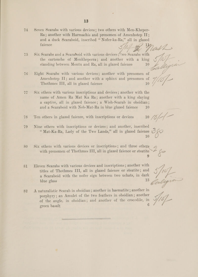 74 vo 76 we (es 80 81 82 13 Seven Scarabs with various devices; two others with Men-Kheper- Ra; another with Harmachis and prenomen of Amenhotep IT; tind a duck Searaboid, inscribed “ Nofer-ka-Ra,” all in glazed faience Sf, ae IY ; v 47 /,  Six Scarabs and a ScaraSoid with various devices ;two ‘Scarabs with es ’ the cartouche of Menkheperra; and another with a king \) /“““/ standing between Montu and Ra, all in glazed faience 10 fey Eight Scarabs with various devices; another with prenomen of Ps ‘ Amenhotep IT; and another with a sphinx and prenomen of vy “Of _ Thothmes III, all in glazed faience a a Six others with various inscriptions and devices; another with the name of Amen Ra Mat Ka Ra; another with a king slaying a captive, all in glazed faience; a Wish-Scarab in obsidian; and a Scaraboid with Neb-Mat-Ra in blue glazed faience 10 Ten others in glazed faience, with inscriptions or devices 10 /O L- a Nine others with inscriptions or devices; and another, inscribed * Mat-Ka-Ra, Lady of the Two Lahae: ” all in glazed Le we ipa Six others with various devices or inscriptions; and three others az with prenomen of Thothmes ITI, all in glazed faience or steatite ~~ (= m\ 9 Nad Eleven Scarabs with various devices and inscriptions; another with yy a titles of Thothmes III, all in glazed faience or steatite; and = {7 a Scaraboid with the nofer sign between two uchats, in dark A i i blue glass 13 Zn big” 7 A naturalistic Scarab in obsidian ; another in haematite ; another in porphyry; an Amulet of the two feathers in obsidian ; another 7, f of the angle, in obsidian; and another of the crocodile, in f ‘ green basalt /  