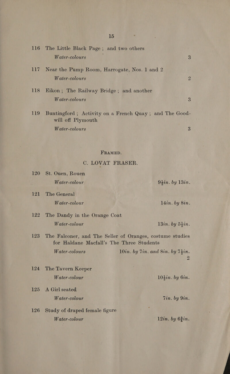 116 117 118 119 120 121 122 123 124 125 126 15 The Little Black Page ; and two others Water-colours o Near the Pump Room, Harrogate, Nos. 1 and 2 iw) Water-colours Kikon ; The Railway Bridge; and another Water-colours 3 Buntingford ; Activity on a French Quay ; and The Good- will off Plymouth Water-colours 3 FRAMED. C. LOVAT FRASER. St. Ouen, Rouen Water-colour Odin. by 13in. The General Water-colour 14in. by 81n. The Dandy in the Orange Coat Water-colour 130n. by 5hin. The Falconer, and The Seller of Oranges, costume studies for Haldane Macfall’s The Three Students Water-colours 10in. by Tin. and 81n. by Thin. 2 The Tavern Keeper Water-colour 104in. by 6in. A Girl seated Water-colour Tin. by Yin. Study of draped female figure Water-colour 12in. by 62in. 