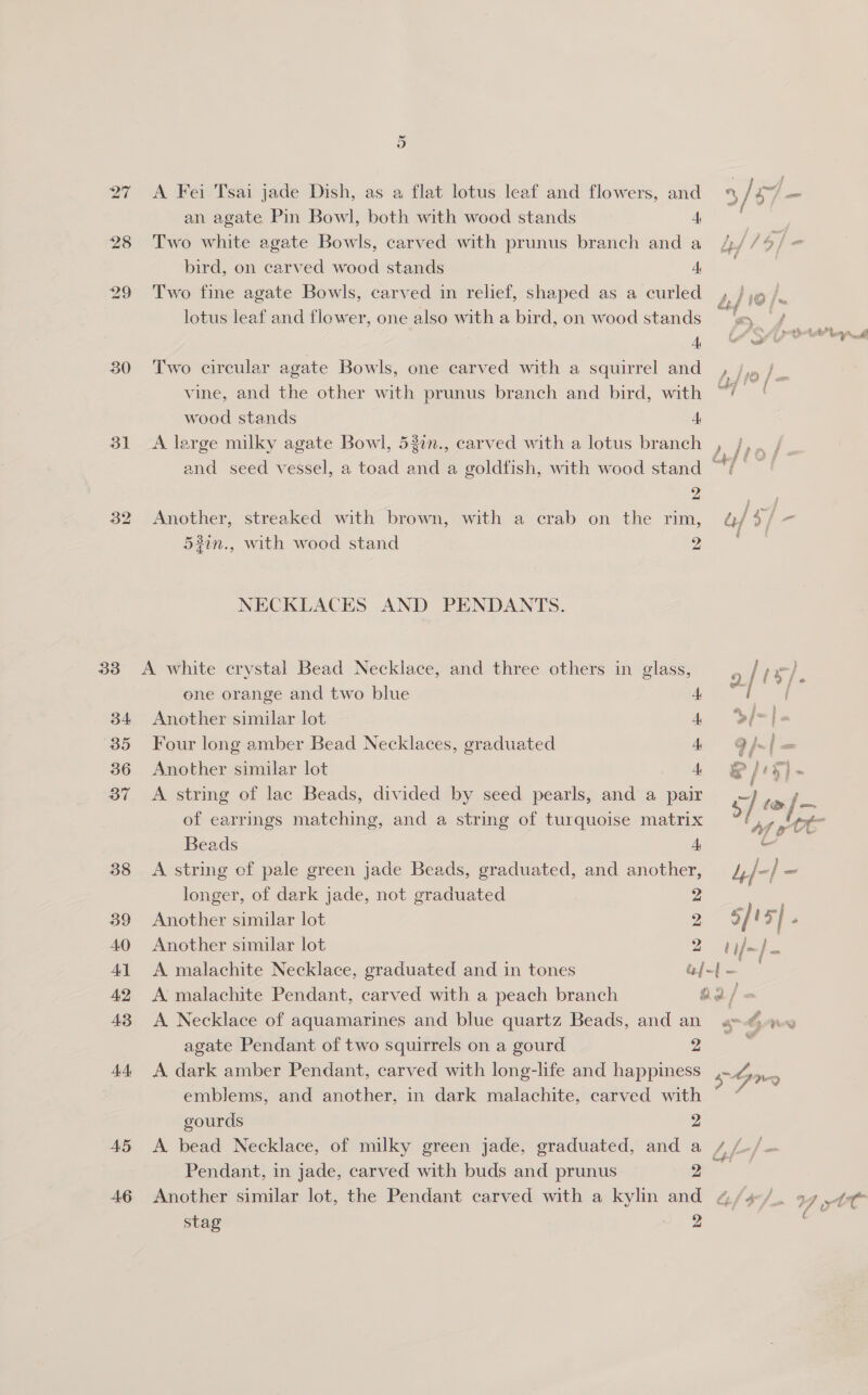 par 28 30 31 34 35 36 37 38 39 40 Al 4.2 4.3 44, A5 A6 A Fei Tsai jade Dish, as a flat lotus leaf and flowers, and 3/$7- an agate Pin Bowl, both with wood stands A | Two white agate Bowls, carved with prunus branch and a /.//4/ bird, on carved wood stands ree Two fine agate Bowls, carved in relief, shaped as a curled , / jg /, lotus leaf and flower, one also with a bird, on wood stands a A ww AP en Two circular agate Bowls, one carved with a squirrel and , /,. , vine, and the other with prunus branch and bird, with ~! vf wood stands A A large milky agate Bowl, 5gin., carved with a lotus branch , /, and seed vessel, a toad and a goldfish, with wood stand wa 2 } Another, streaked with brown, with a crab on the rim, af 4 - 53in., with wood stand ee NECKLACES AND PENDANTS. 33 A white crystal Bead Necklace, and three others in glass, 9 / ref. one orange and two blue rth eas Se Another similar lot 4 SEMI Four long amber Bead Necklaces, graduated 4 Gis | = Another similar lot 4 &amp; Jey) - A string of lac Beads, divided by seed pearls, and a pair Pee i of earrings matching, and a string of turquoise matrix At ee Beads A i A string of pale green jade Beads, graduated, and another, L/-| - longer, of dark jade, not graduated 2 Another similar lot Q $fts / P Another similar lot 2 1j/-} ‘ A malachite Necklace, graduated and in tones Aja: A malachite Pendant, carved with a peach branch a2/- A Necklace of aquamarines and blue quartz Beads, and an a=-¢, x agate Pendant of two squirrels on a gourd eres A dark amber Pendant, carved with long-life and happiness sy oe emblems, and another, in dark malachite, carved with = * gourds 2 A bead Necklace, of milky green jade, graduated, and a is L-/ Pendant, in jade, carved with buds and prunus 2 Another similar lot, the Pendant carved with a kylin and @/4-/.. 97.4 ¢ or