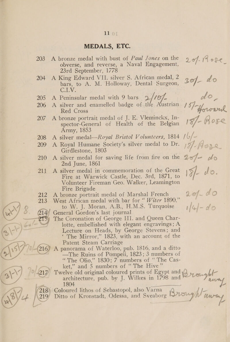 w/ ll 9} MEDALS, ETC. obverse, and reverse, a Naval Engagement, 23rd September, 1778 204 A King Edward VII. silver S. African medal, 2 bars, to A. M. Holloway, Dental Surgeon, Cty. 205 A Peninsular medal with 9 bars 9// 206 A silver and enamelled badge of the Austrian Red Cross 207. A bronze portrait medal of J. E. Vieminckx, In- spector-General of Health of the Belgian Army, 1853 208 A silver medal—Royal Bristol Volunteers, 1814 209 A Royal Humane Society’s silver medal to Dr. Girdlestone, 1803 2nd June, 1861 211 A silver medal in commemoration of the Great Fire at Warwick Castle, Dec. 3rd, 1871, to Volunteer Fireman Geo. Walker, Leamington Fire Brigade 212 A bronze portrait medal of Marshal French 213 hii os medal with bar for “ Witer 1890,” WwW. J. Moran, A.B., H.M.S. Turquoise 214/ et Gordon’s last journal T5y The Coronation of George III. and Queen Char-   Lecture on Heads, by George Stevens; and ‘The Mirror,” 1823, with an account of the —The Ruins of Pompeii, 1823; 3 numbers of “The Olio,” 1830; 7 numbers of Tite Cas- ». ket,” and 5 numbers of “The Hive ” ? £17 Twelve old original coloured prints of Egypt and architecture, pub. by J. Wilkes in 1798 and a 1804 ee all (218) Coloured lithos of Sebastopol, also Varna \219/ Ditto of Kronstadt, Odessa, and Sveaborg &gt; we (3. tL org A nia