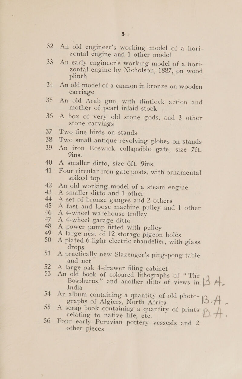 zontal engine and 1 other model An early engineer’s working model of a hori- plinth An old model of a cannon in bronze on wooden carriage An old Arab gun, with flintlock action and mother of pearl inlaid stock stone carvings Two fine birds on stands Two small antique revolving globes on stands Oins. A smaller ditto, size 6ft. Qins. spiked top An old working model of a steam engine A smaller ditto and 1 other A set of bronze gauges and 2 others A 4-wheel warehouse trolley A 4-wheel garage ditto A power pump fitted with pulley A large nest of 12 storage pigeon holes A plated 6-light electric chandelier, with glass drops A practically new Slazenger’s ping-pong table and net A large oak 4-drawer filing cabinet An old book of coloured lithographs of “The Bosphurus,” and another ditto of views in India An album containing a quantity of old photo- graphs of Algiers, North Africa A scrap book containing a quantity of prints relating to native life, etc. Four early Peruvian pottery vessesls and 2 other pieces 3 eh \3 a ; ) - i seed